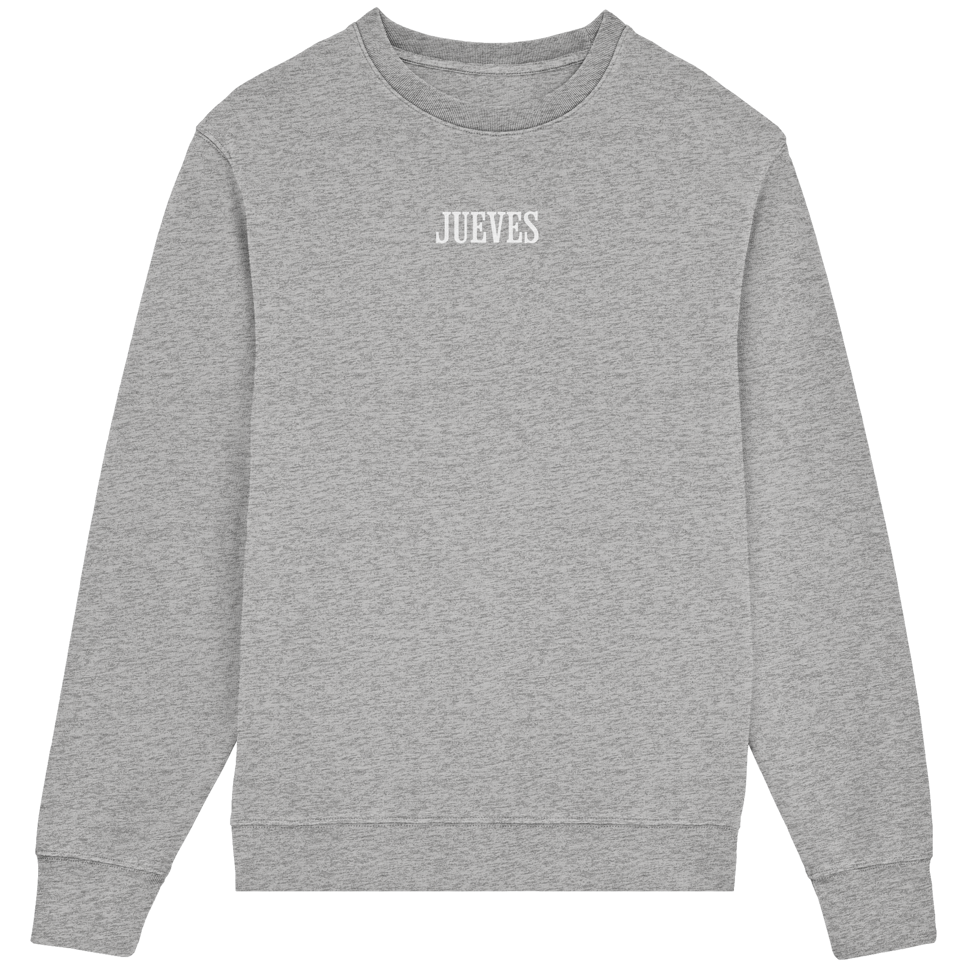 Frontansicht des grauen Classic Sweatshirts von Jueves Apparel im klassischen Schnitt – dezentes Design vorne, Rückendruck als Highlight, 85 % Bio-Baumwolle, 15 % Polyester.