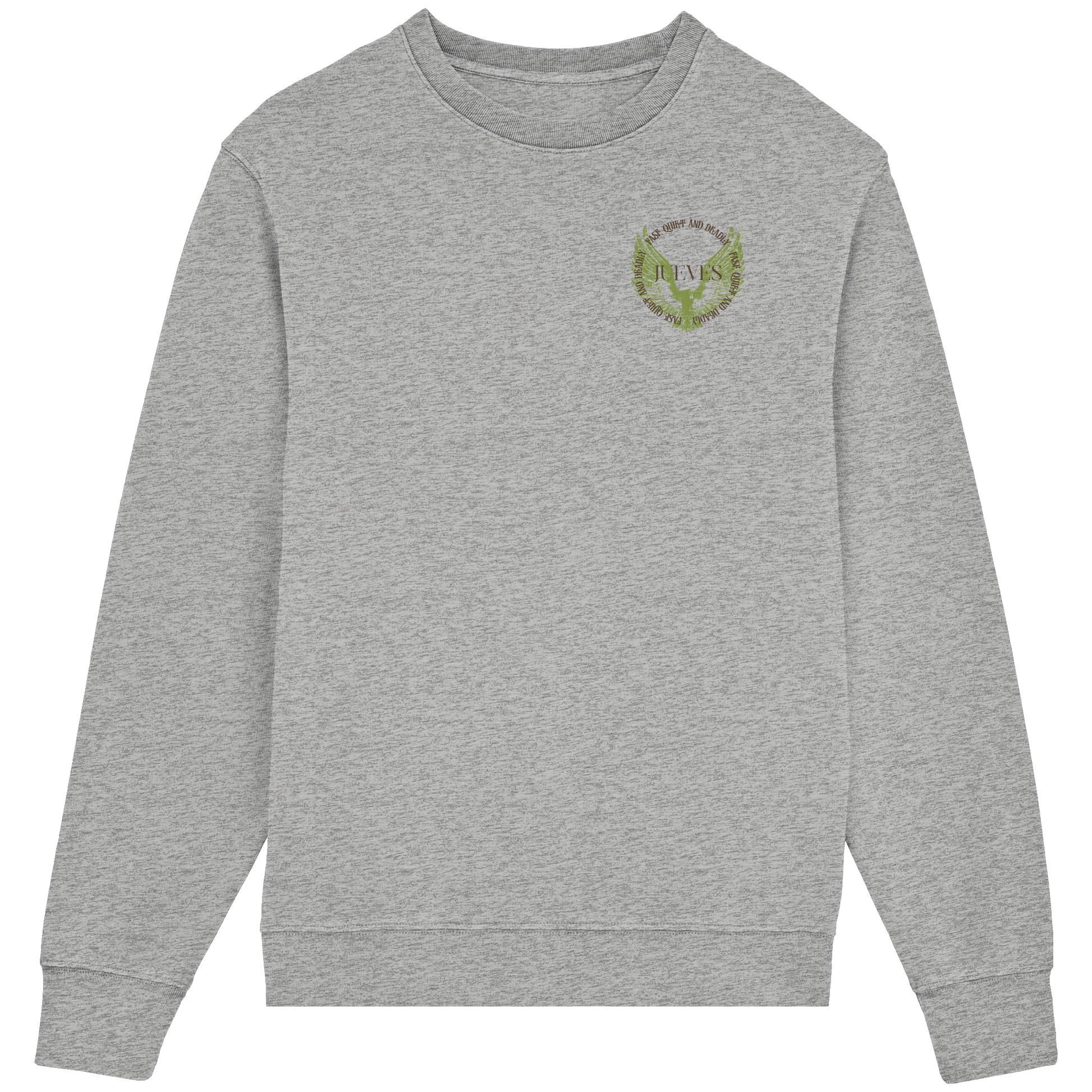 Frontansicht des grauen Classic Sweatshirts von Jueves Apparel im klassischen Schnitt – dezentes Design vorne, Rückendruck als Highlight, 85 % Bio-Baumwolle, 15 % Polyester.