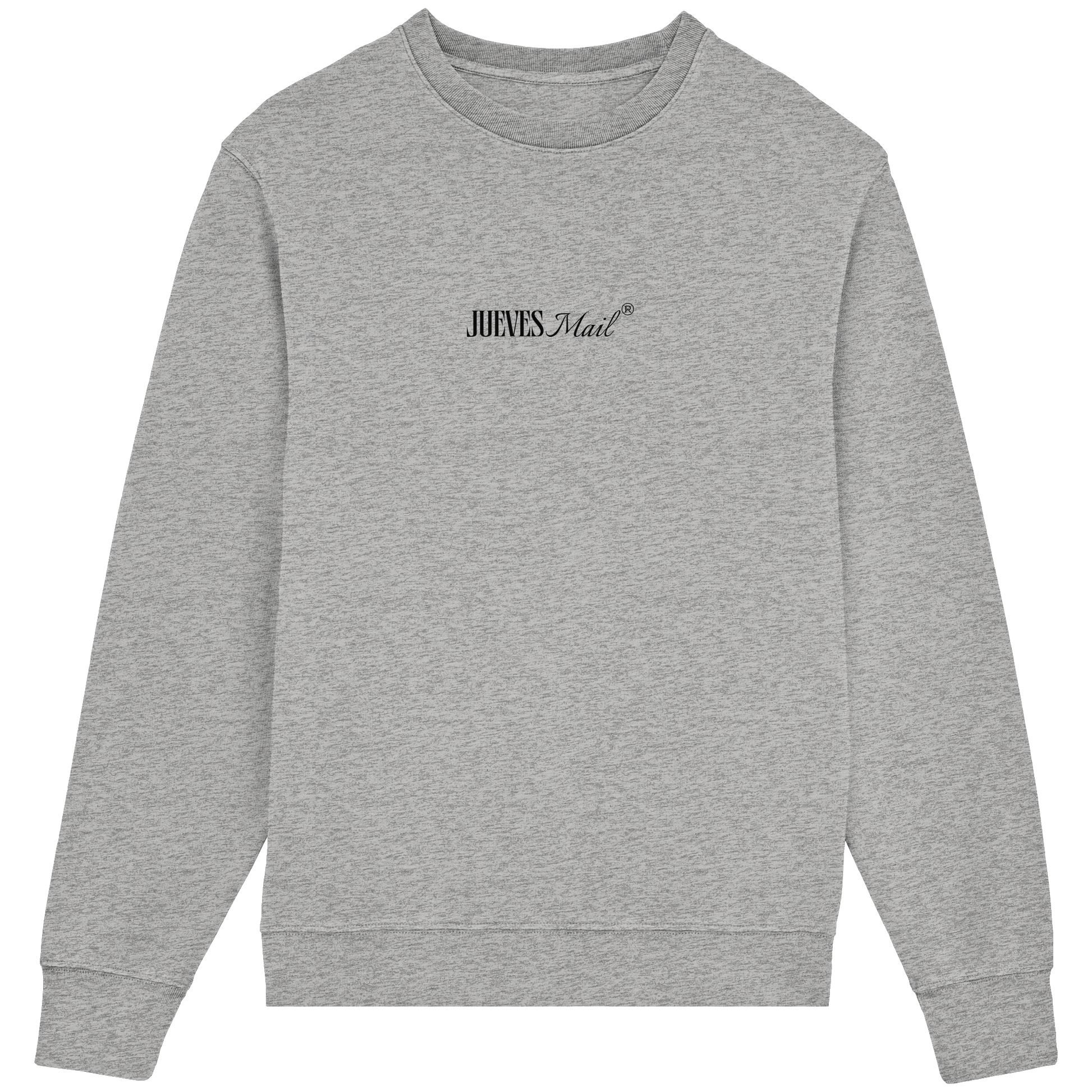 Frontansicht des grauen Classic Sweatshirts von Jueves Apparel im klassischen Schnitt – dezentes Design vorne, Rückendruck als Highlight, 85 % Bio-Baumwolle, 15 % Polyester.