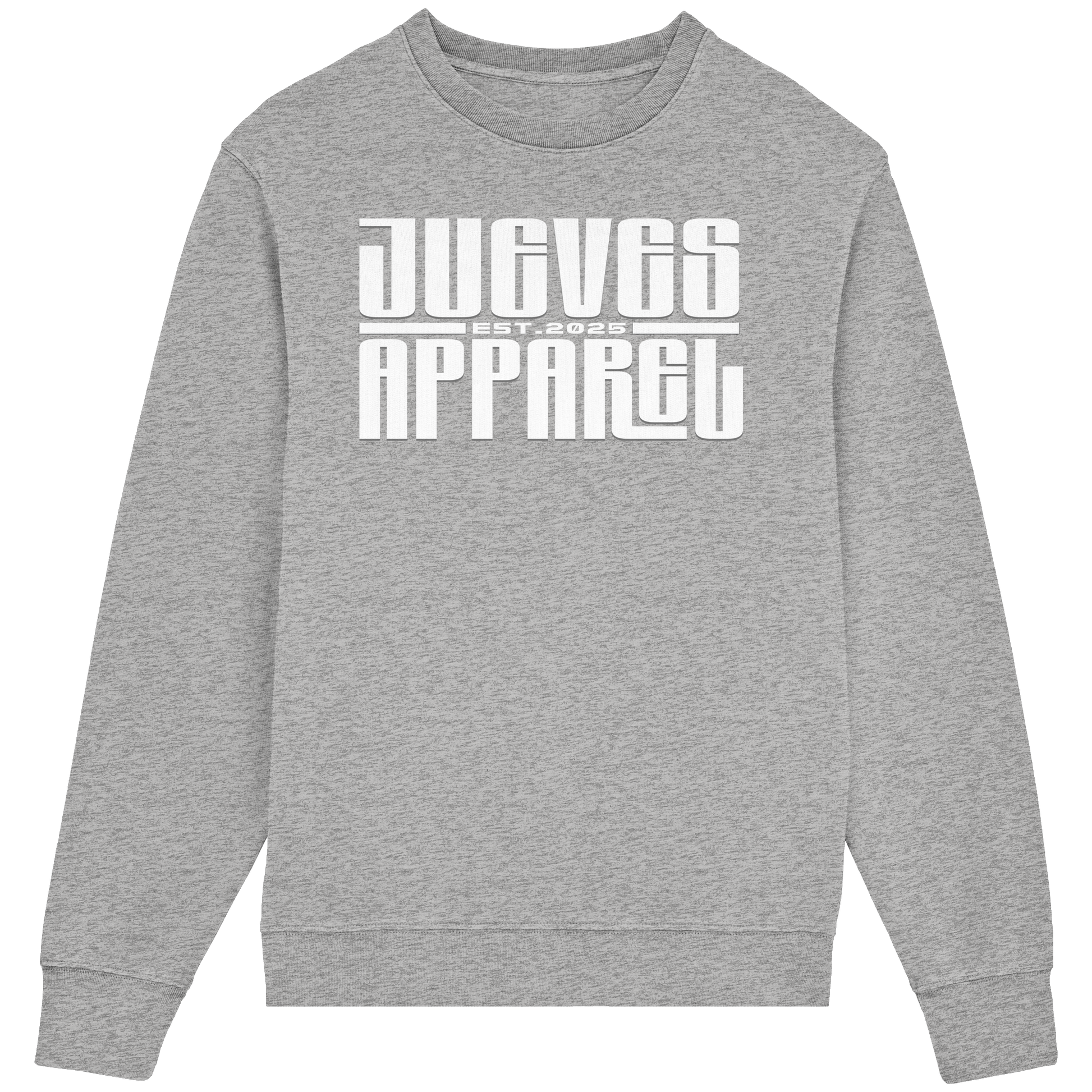 Frontansicht des grauen Classic Sweatshirts von Jueves Apparel im klassischen Schnitt – auffälliges Design vorne, Brustdruck 85 % Bio-Baumwolle, 15 % Polyester.