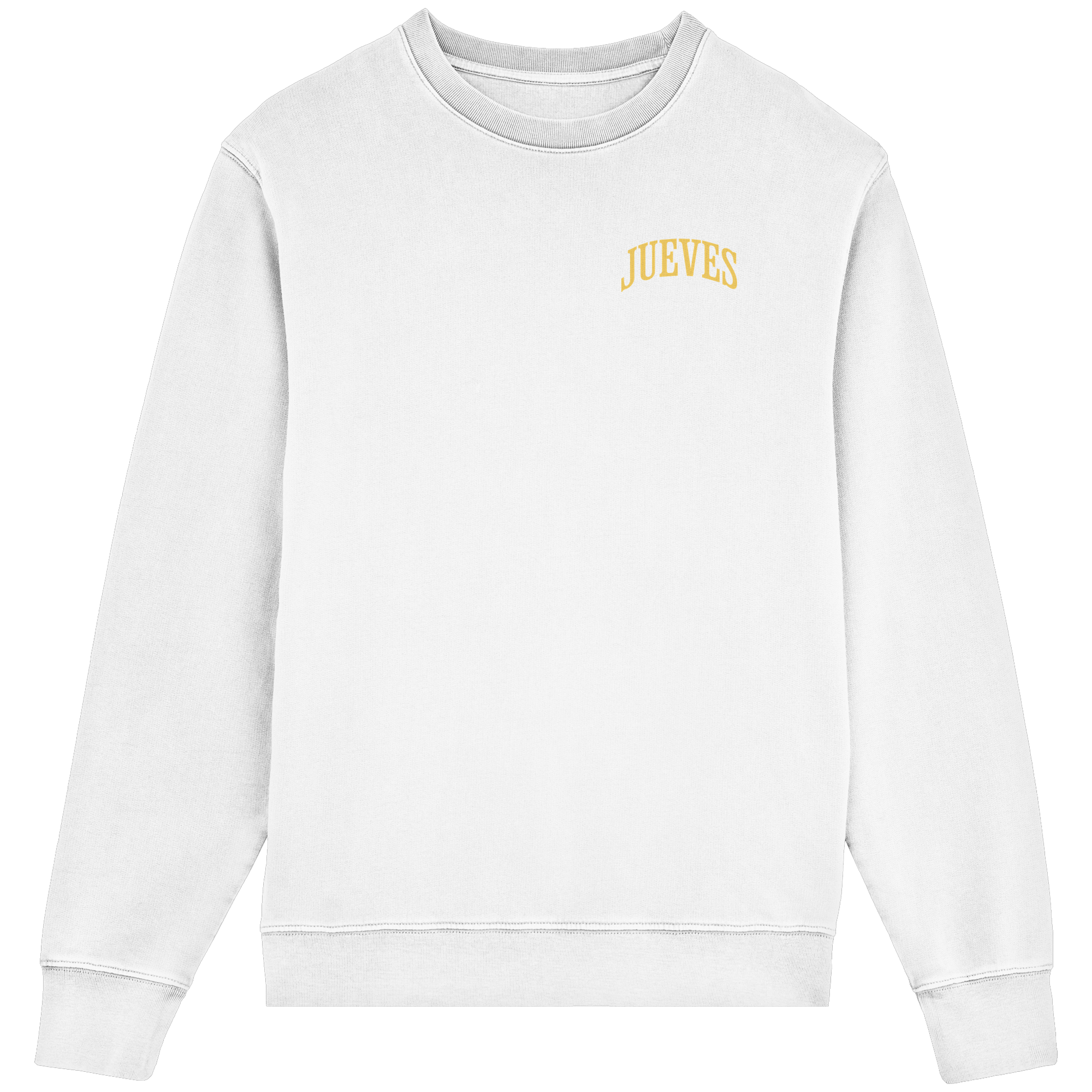 Frontansicht des weißen Classic Sweatshirts von Jueves Apparel im klassischen Schnitt – dezentes Design vorne, Rückendruck als Highlight, 85 % Bio-Baumwolle, 15 % Polyester.