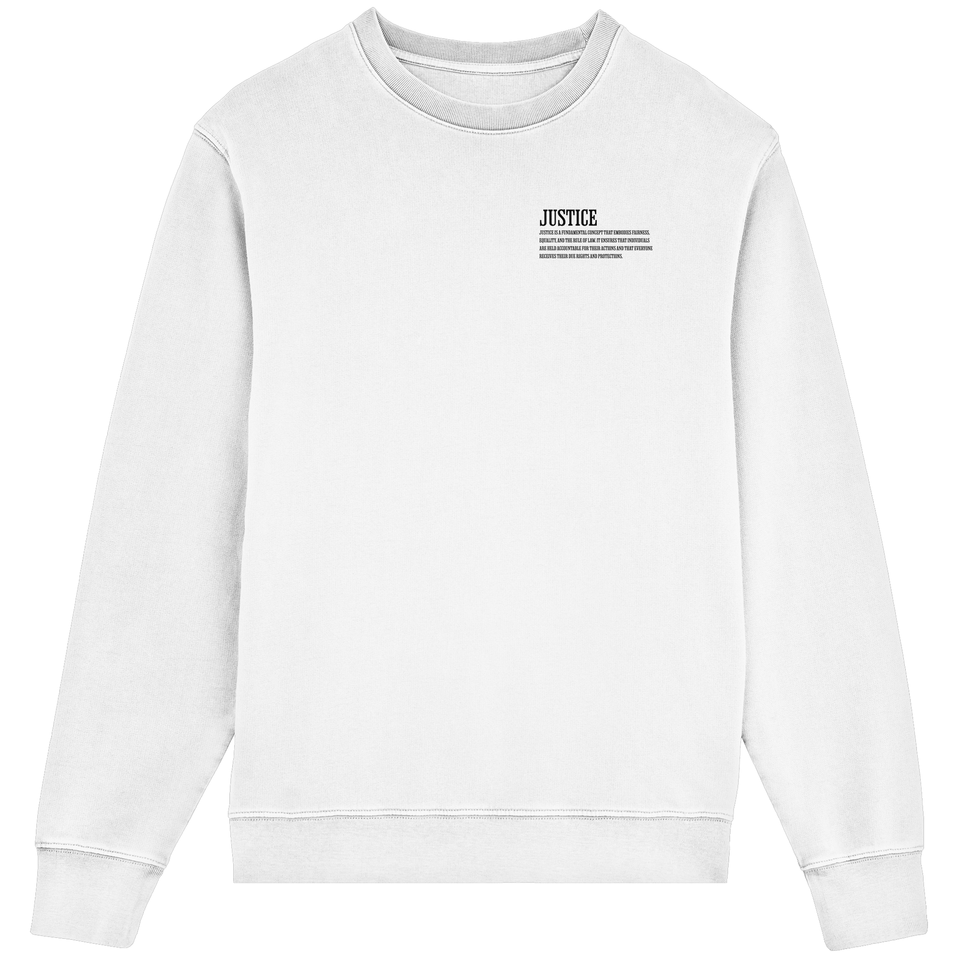 Frontansicht des weißen Classic Sweatshirts von Jueves Apparel im klassischen Schnitt – dezentes Design vorne, Rückendruck als Highlight, 85 % Bio-Baumwolle, 15 % Polyester.