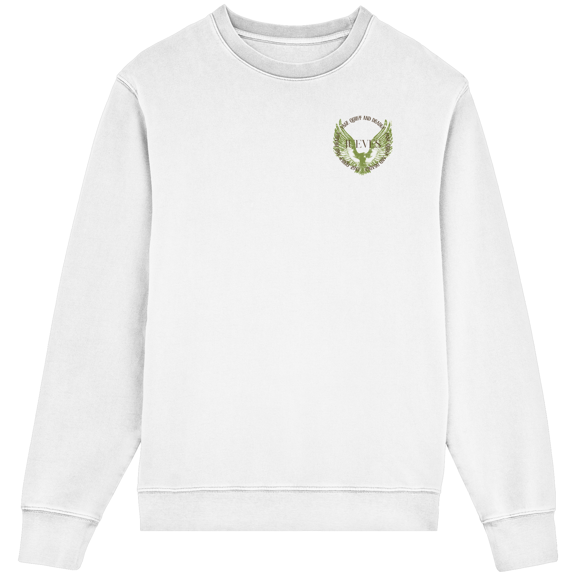Frontansicht des weißen Classic Sweatshirts von Jueves Apparel im klassischen Schnitt – dezentes Design vorne, Rückendruck als Highlight, 85 % Bio-Baumwolle, 15 % Polyester.
