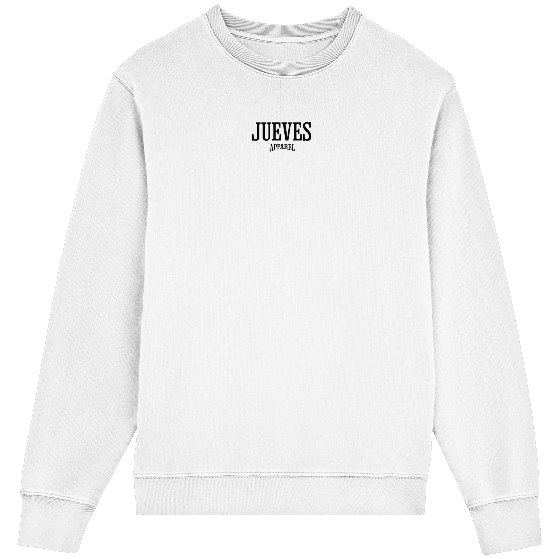 Frontansicht des weißen Classic Sweatshirts von Jueves Apparel im klassischen Schnitt – dezentes Design vorne, Rückendruck als Highlight, 85 % Bio-Baumwolle, 15 % Polyester.