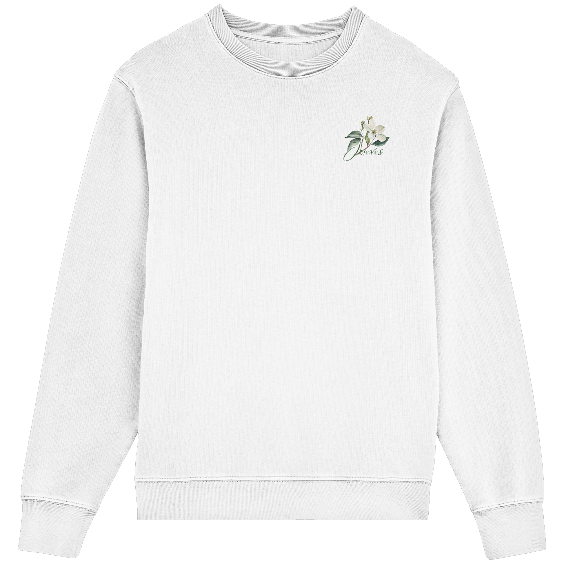 Frontansicht des weißen Classic Sweatshirts von Jueves Apparel im klassischen Schnitt – dezentes Design vorne, Rückendruck als Highlight, 85 % Bio-Baumwolle, 15 % Polyester.