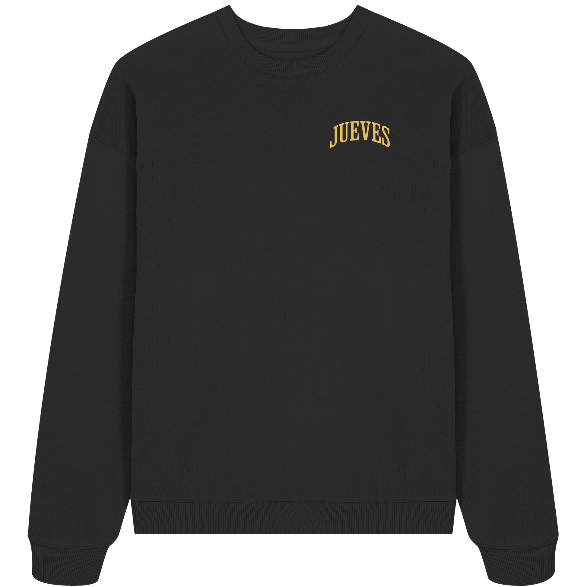 schwarzes Oversized Boxcut Sweatshirt von Jueves Apparel mit Brustdruck – nachhaltige Streetwear aus 100 % Bio-Baumwolle