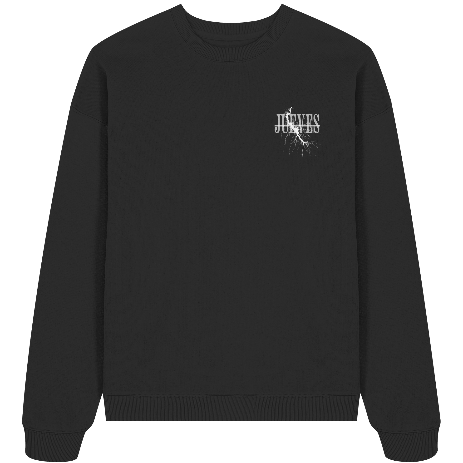 schwarzes Oversized Boxcut Sweatshirt von Jueves Apparel mit Brustdruck – nachhaltige Streetwear aus 100 % Bio-Baumwolle