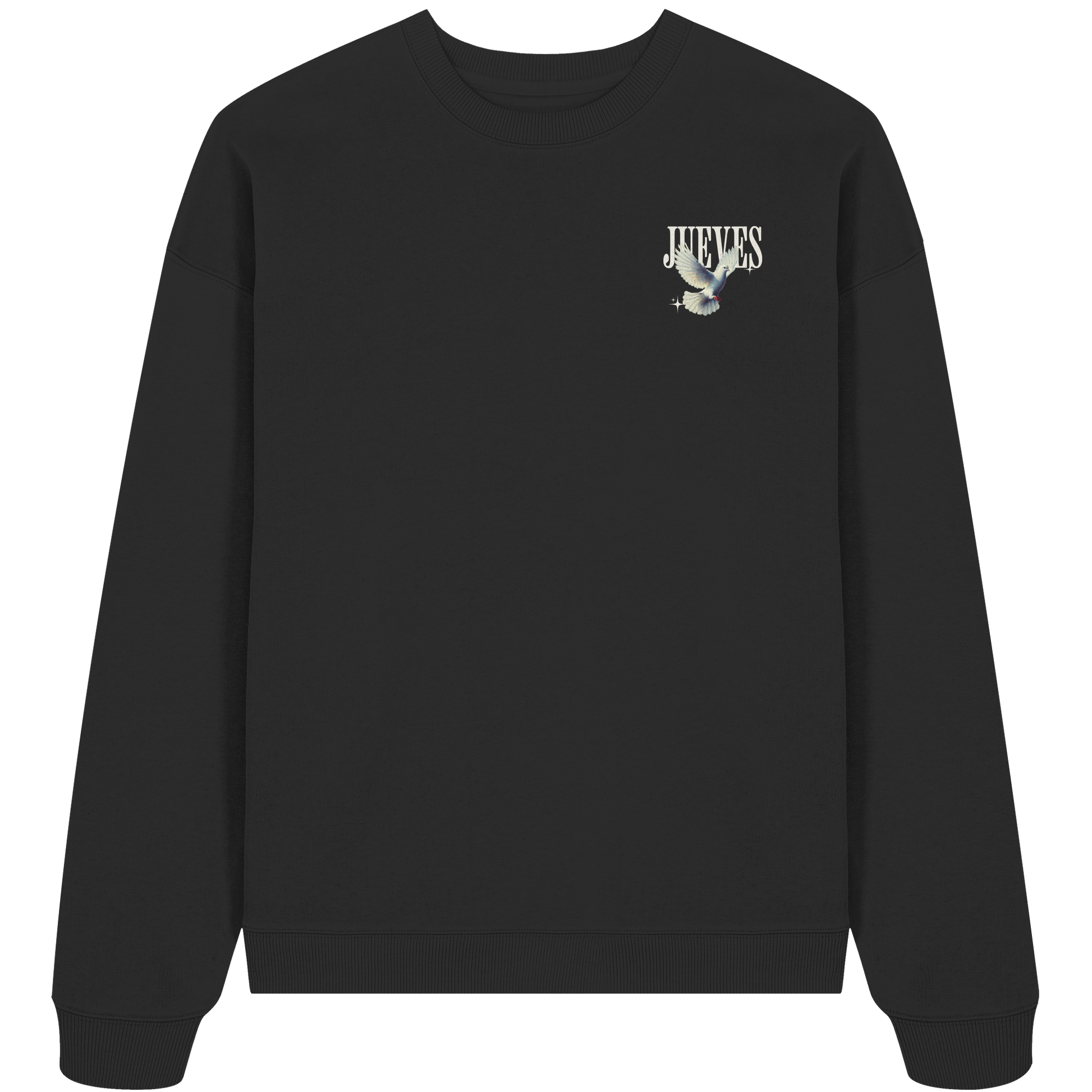 schwarzes Oversized Boxcut Sweatshirt von Jueves Apparel mit Brustdruck – nachhaltige Streetwear aus 100 % Bio-Baumwolle