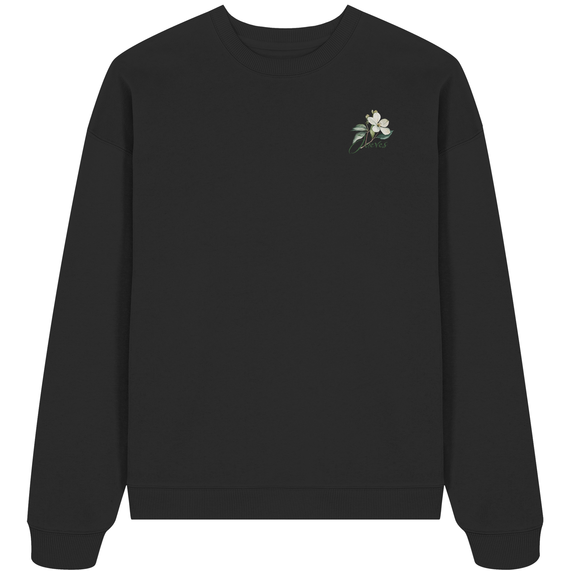 schwarzes Oversized Boxcut Sweatshirt von Jueves Apparel mit Brustdruck – nachhaltige Streetwear aus 100 % Bio-Baumwolle