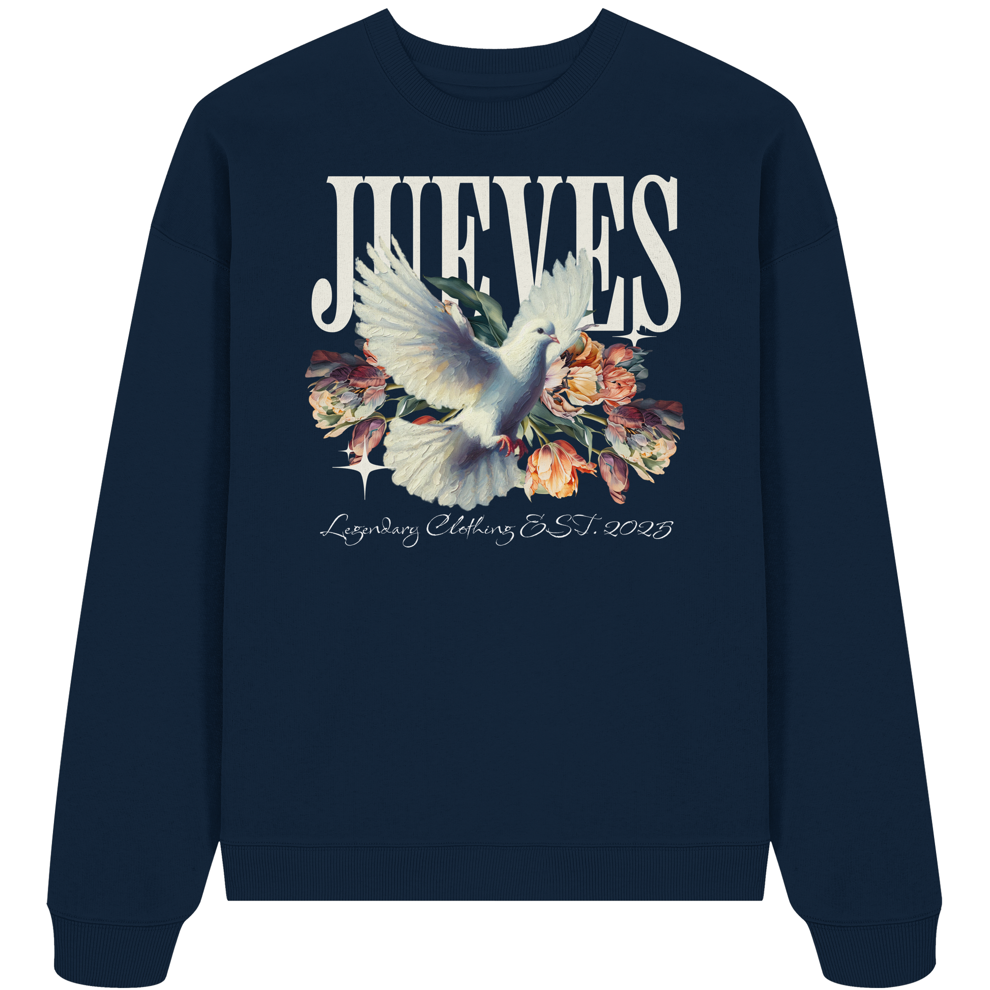 blauer Jueves Apparel Oversized Boxcut Sweatshirt mit markantem Rückendruck – urbaner Streetwear-Style aus Bio-Baumwolle