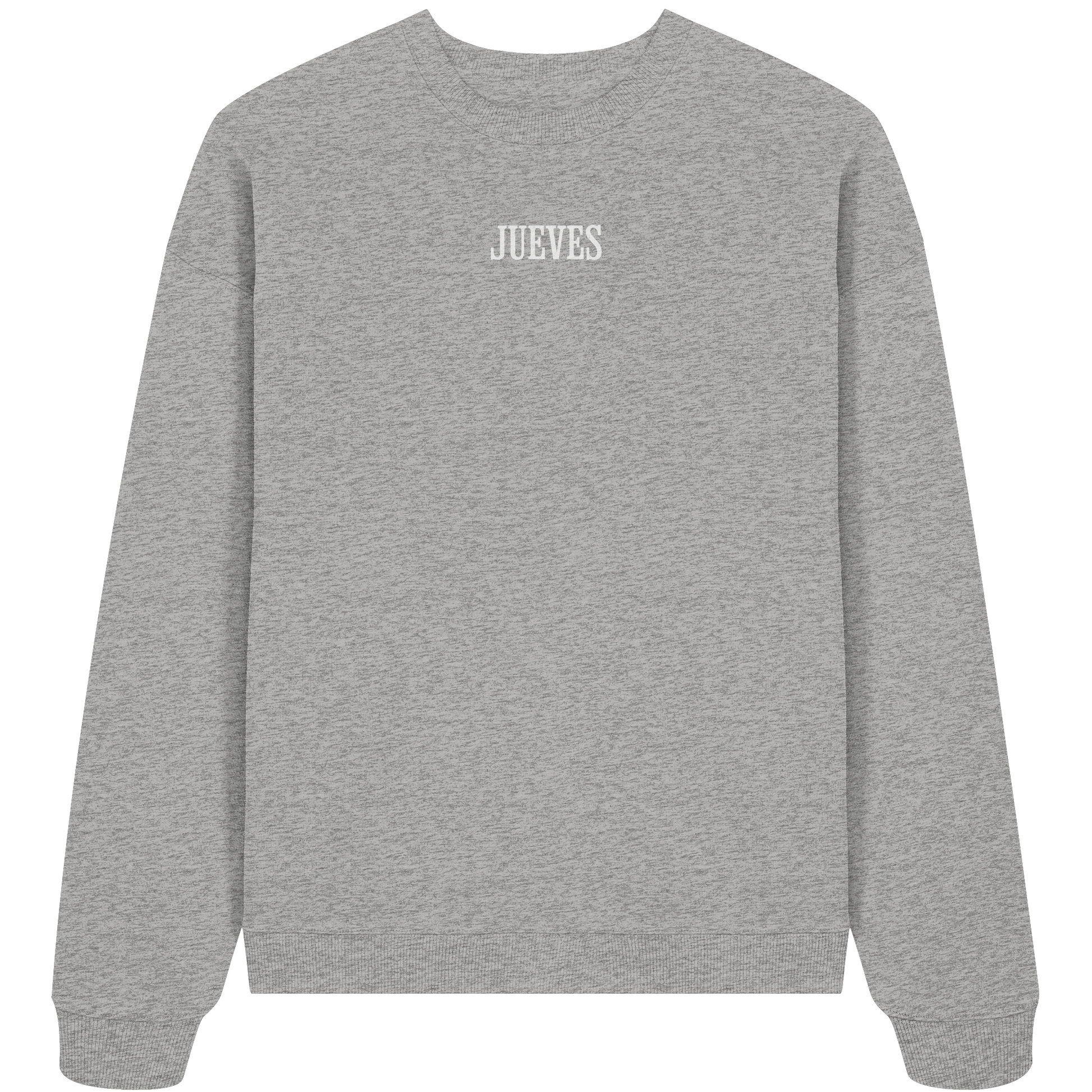 graues Oversized Boxcut Sweatshirt von Jueves Apparel mit Brustdruck – nachhaltige Streetwear aus 100 % Bio-Baumwolle