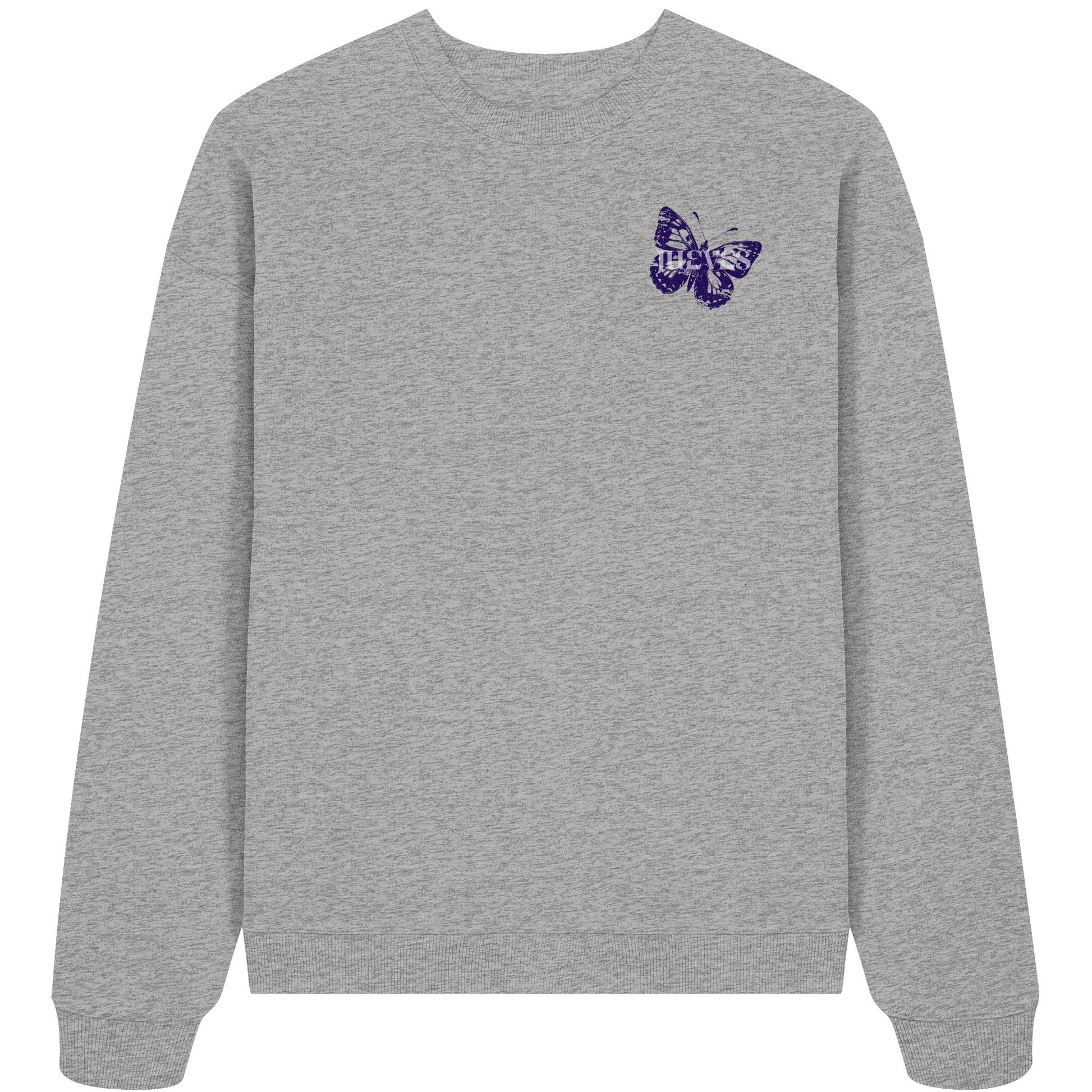 graues Oversized Boxcut Sweatshirt von Jueves Apparel mit Brustdruck – nachhaltige Streetwear aus 100 % Bio-Baumwolle