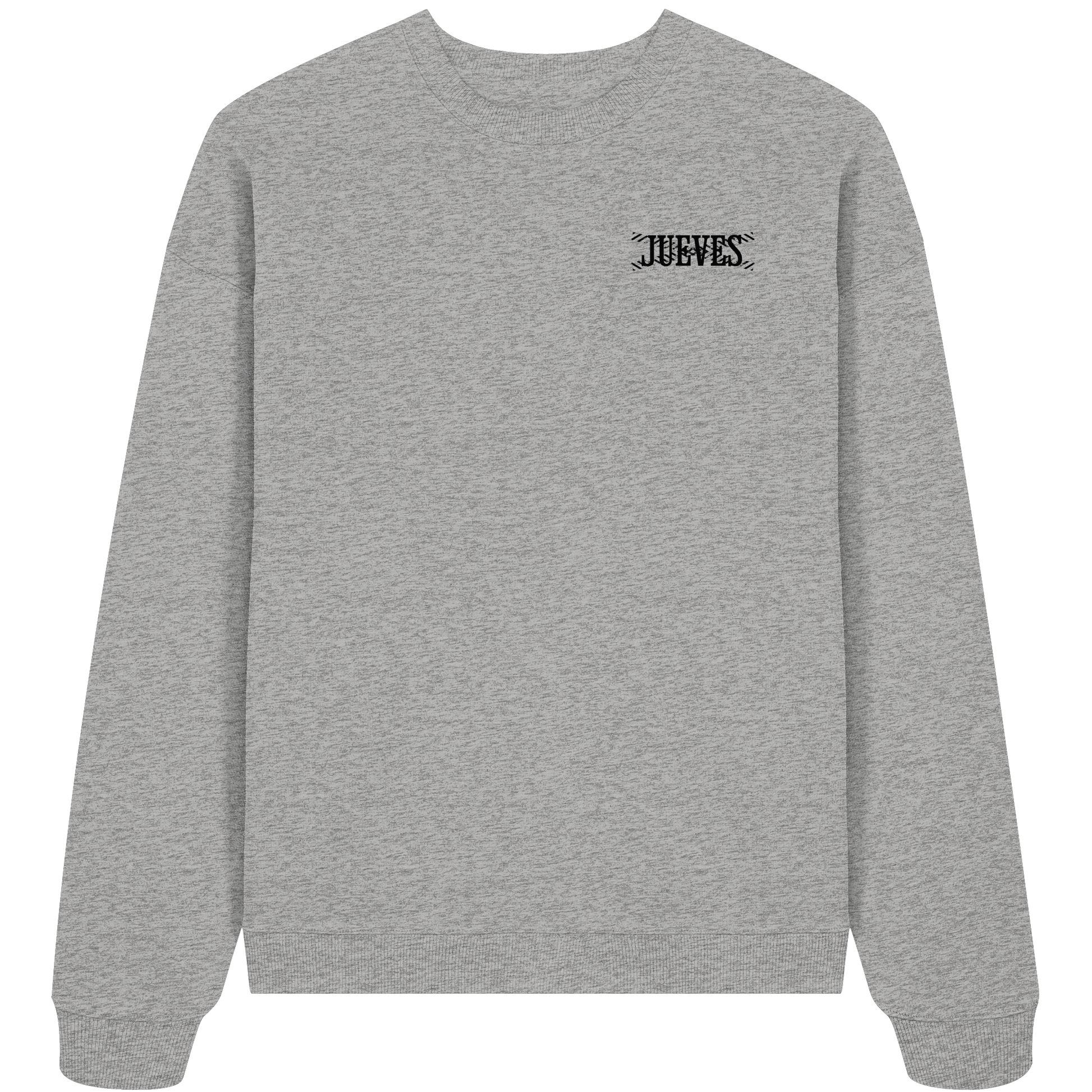 graues Oversized Boxcut Sweatshirt von Jueves Apparel mit Brustdruck – nachhaltige Streetwear aus 100 % Bio-Baumwolle