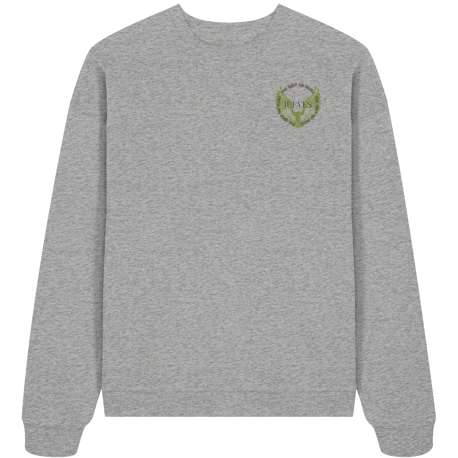 graues Oversized Boxcut Sweatshirt von Jueves Apparel mit Brustdruck – nachhaltige Streetwear aus 100 % Bio-Baumwolle