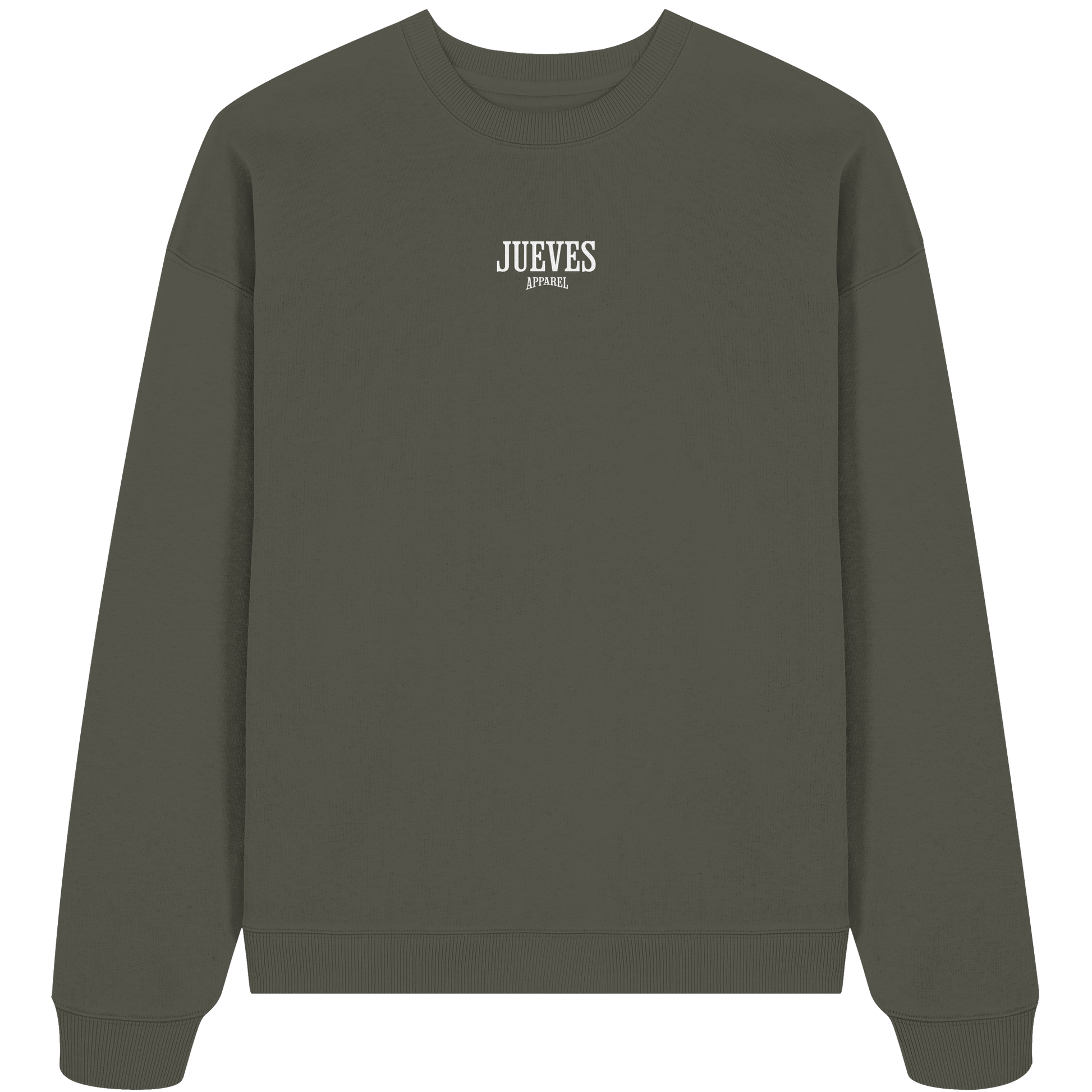 khaki Jueves Apparel Oversized Boxcut Sweatshirt mit markantem Rückendruck – urbaner Streetwear-Style aus Bio-Baumwolle