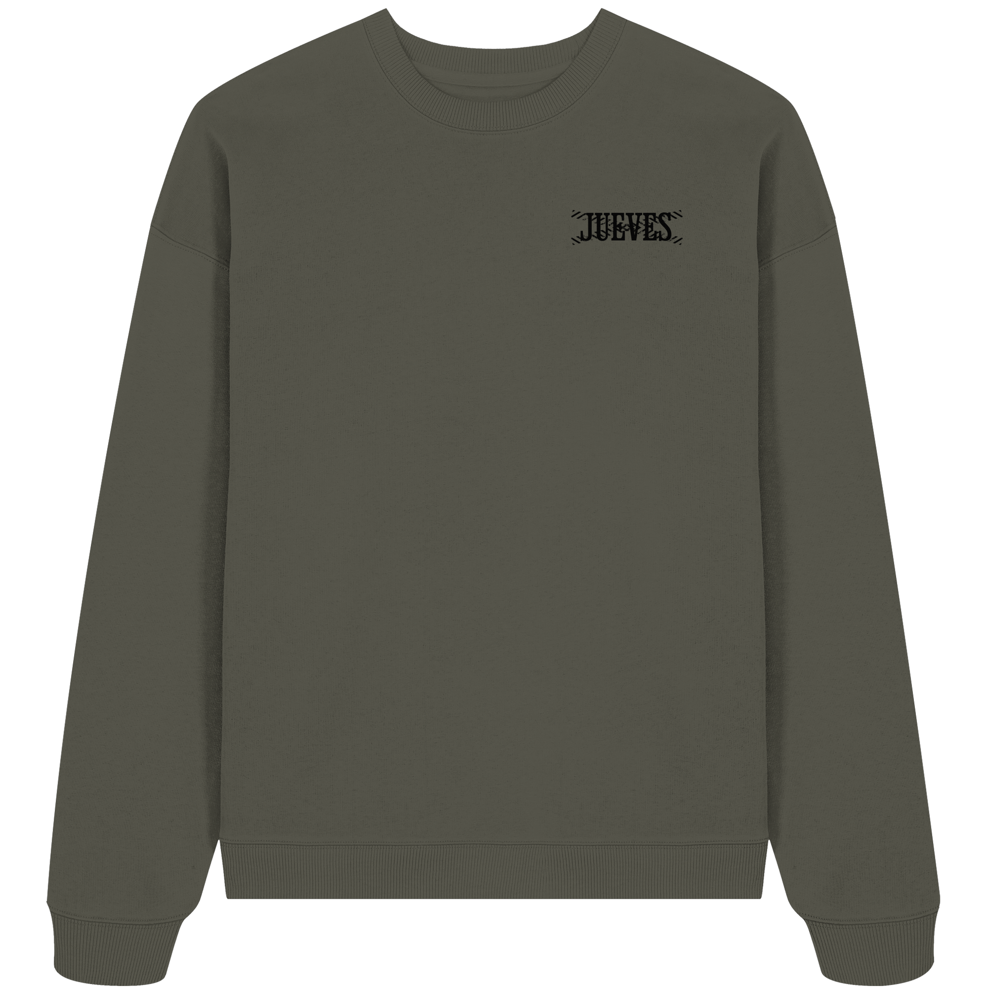 khaki Oversized Boxcut Sweatshirt von Jueves Apparel mit Brustdruck – nachhaltige Streetwear aus 100 % Bio-Baumwolle