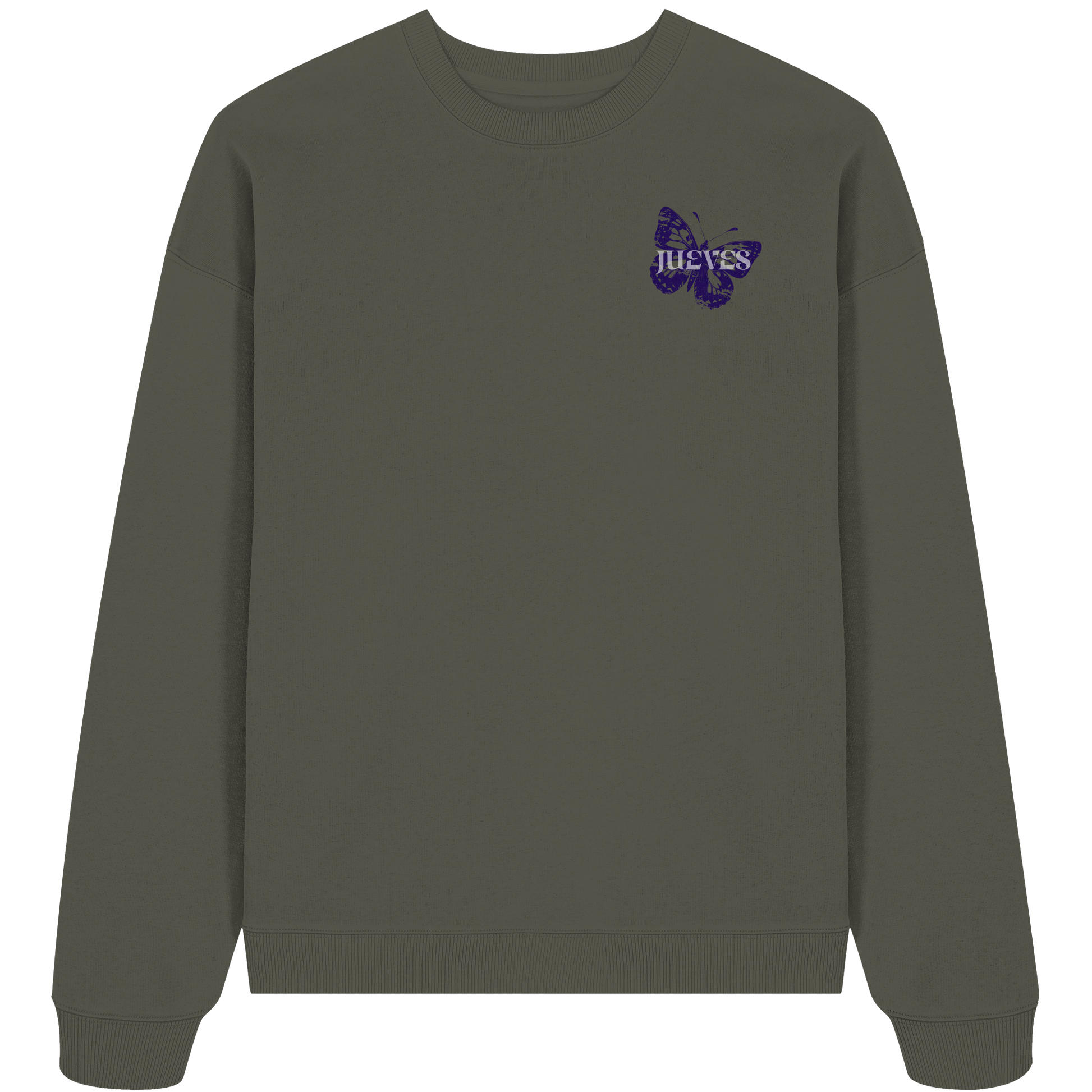 khaki Oversized Boxcut Sweatshirt von Jueves Apparel mit Brustdruck – nachhaltige Streetwear aus 100 % Bio-Baumwolle