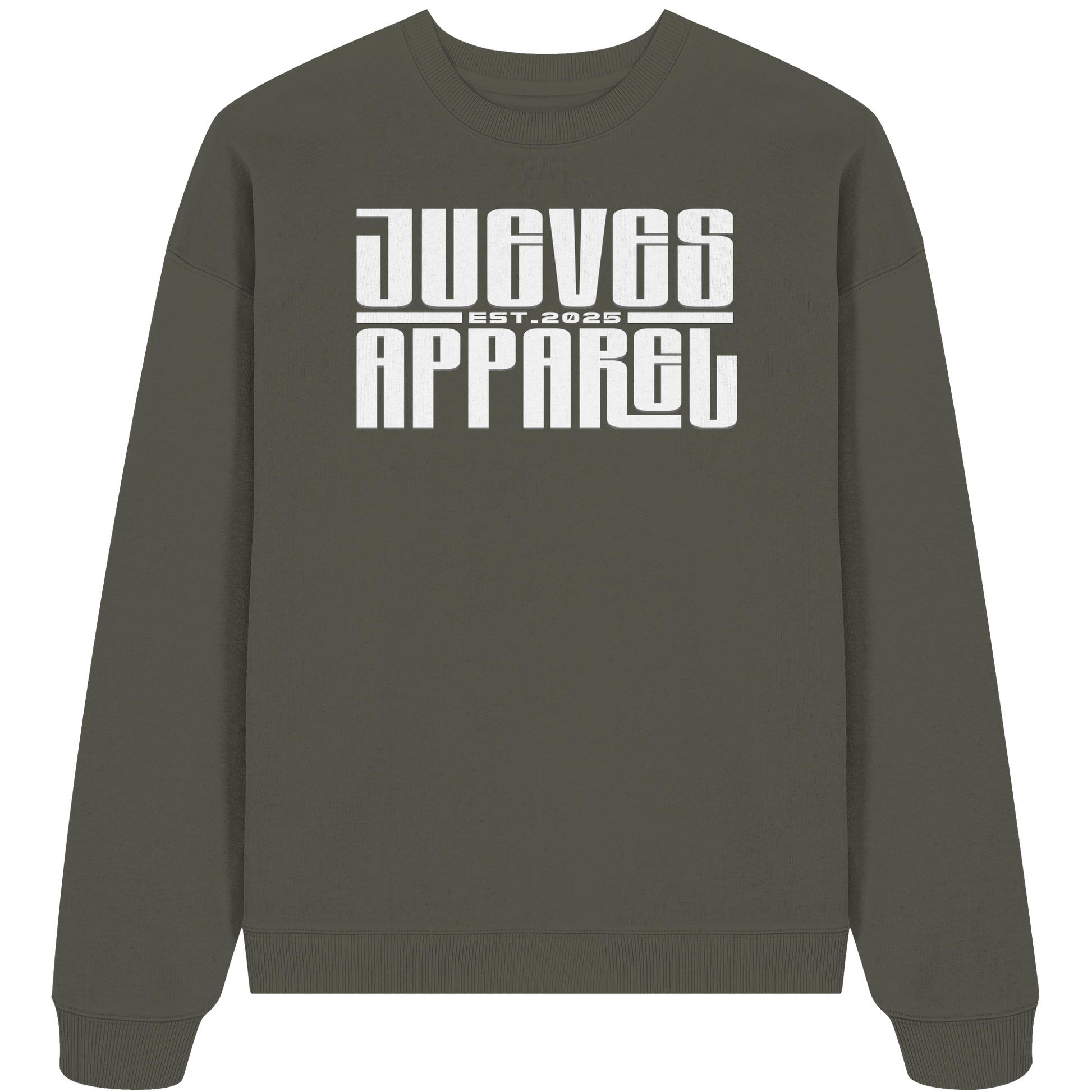 khaki Jueves Apparel Oversized Boxcut Sweatshirt mit markantem Rückendruck – urbaner Streetwear-Style aus Bio-Baumwolle