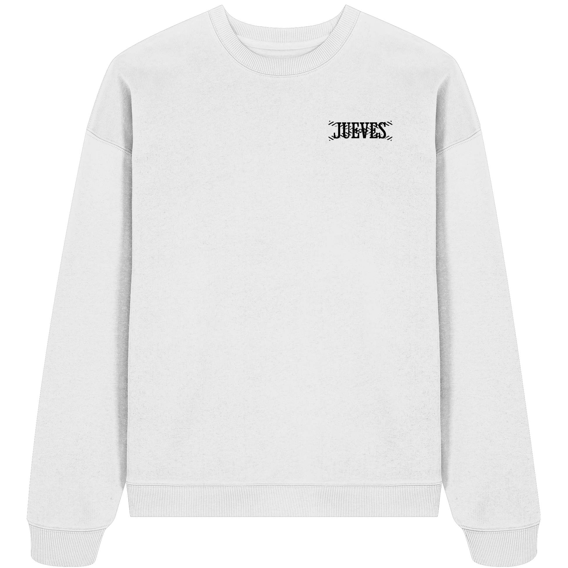 weißes Oversized Boxcut Sweatshirt von Jueves Apparel mit Brustdruck – nachhaltige Streetwear aus 100 % Bio-Baumwolle