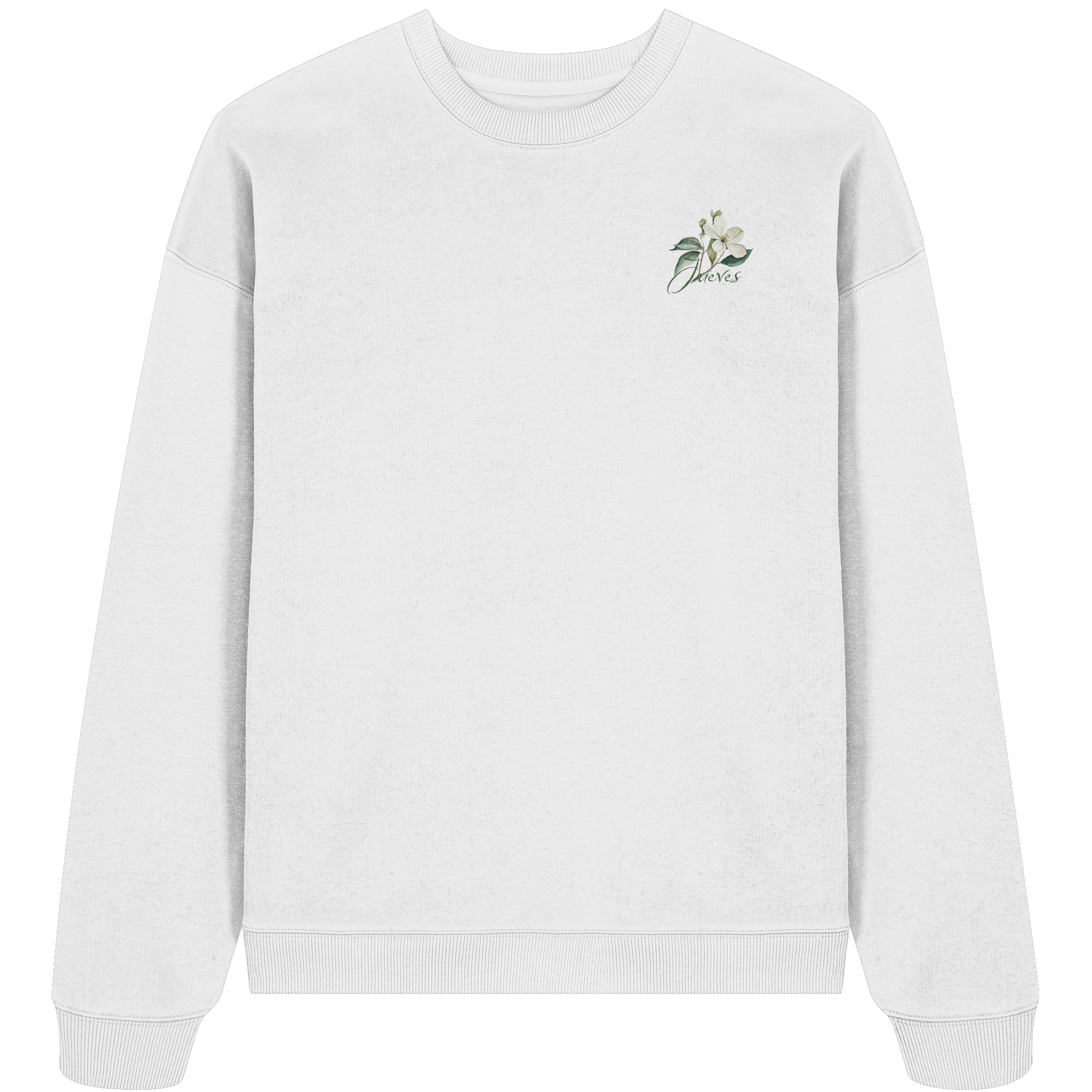 weißes Oversized Boxcut Sweatshirt von Jueves Apparel mit Brustdruck – nachhaltige Streetwear aus 100 % Bio-Baumwolle