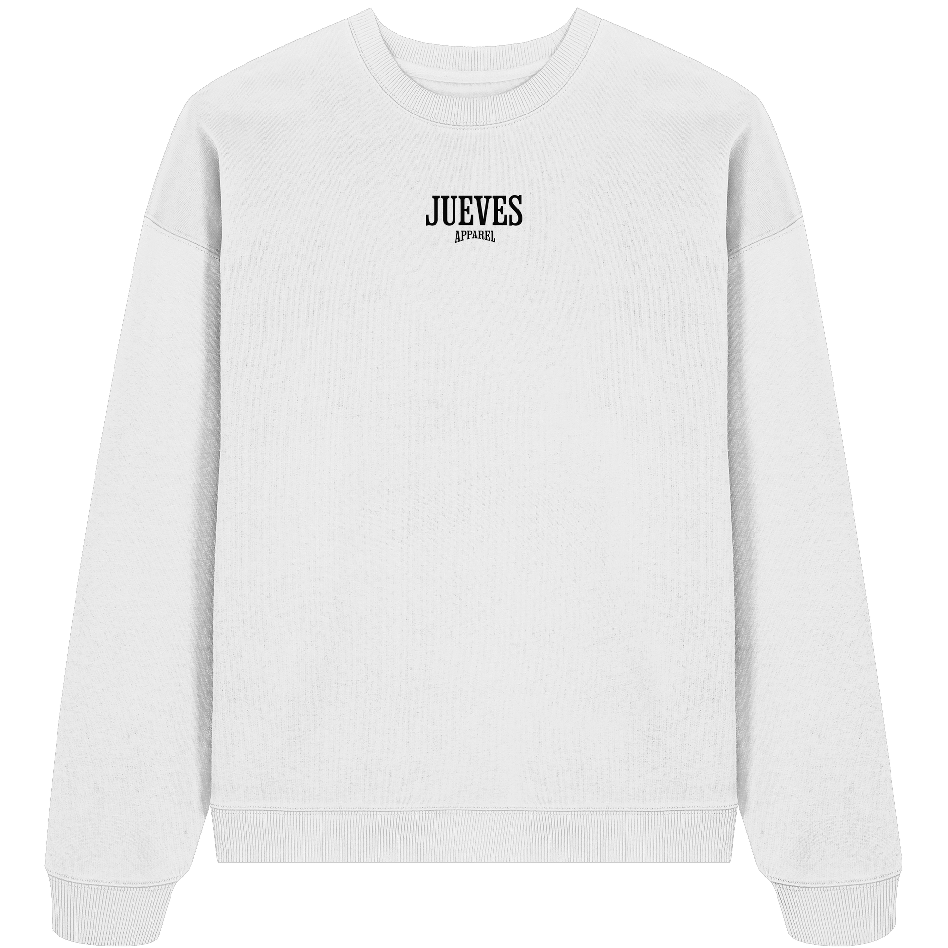 weißes Oversized Boxcut Sweatshirt von Jueves Apparel mit Brustdruck – nachhaltige Streetwear aus 100 % Bio-Baumwolle