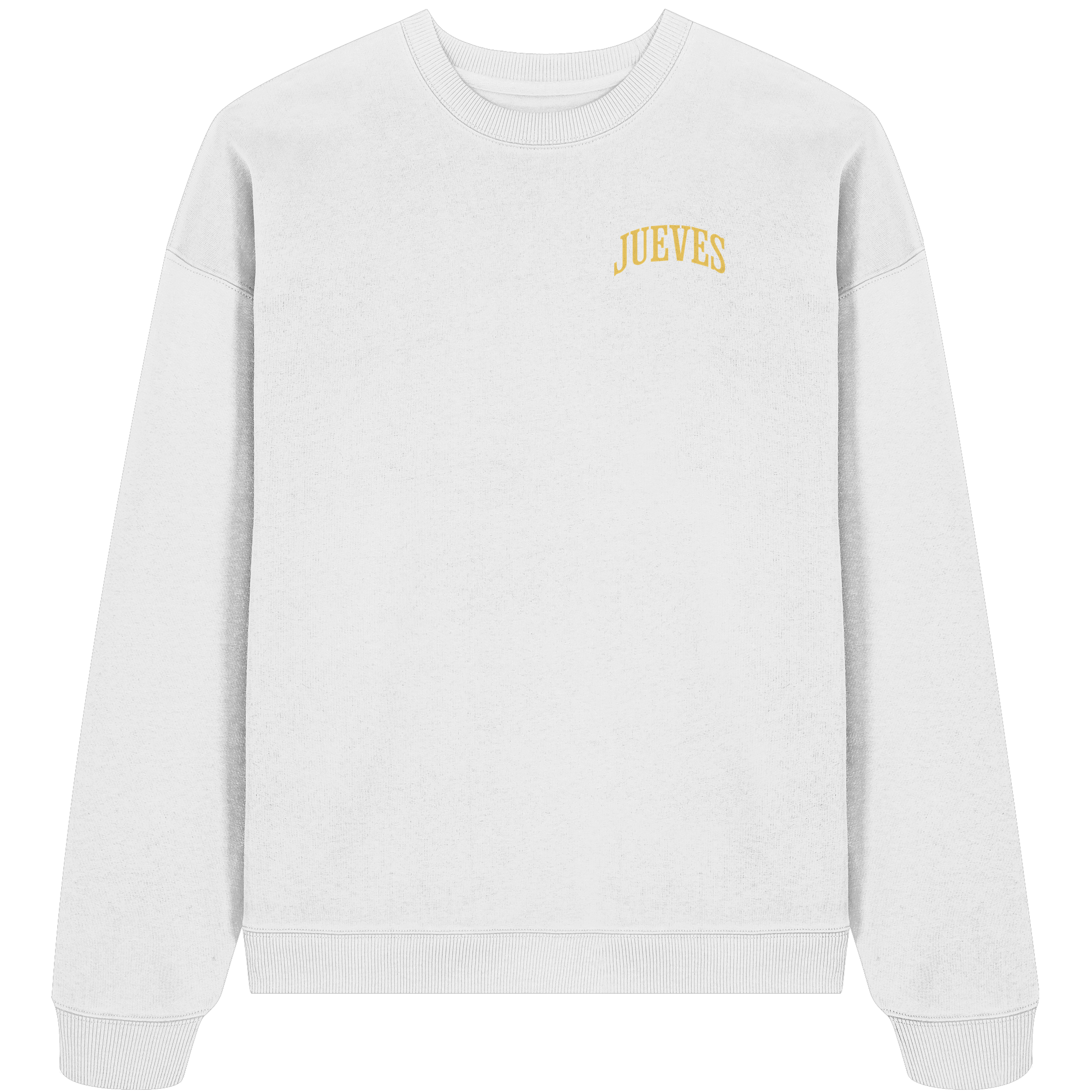 weißes Oversized Boxcut Sweatshirt von Jueves Apparel mit Brustdruck – nachhaltige Streetwear aus 100 % Bio-Baumwolle