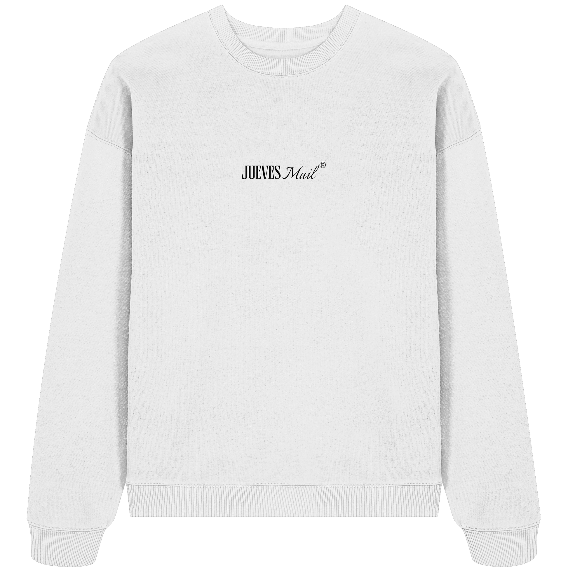 weißes Oversized Boxcut Sweatshirt von Jueves Apparel mit Brustdruck – nachhaltige Streetwear aus 100 % Bio-Baumwolle