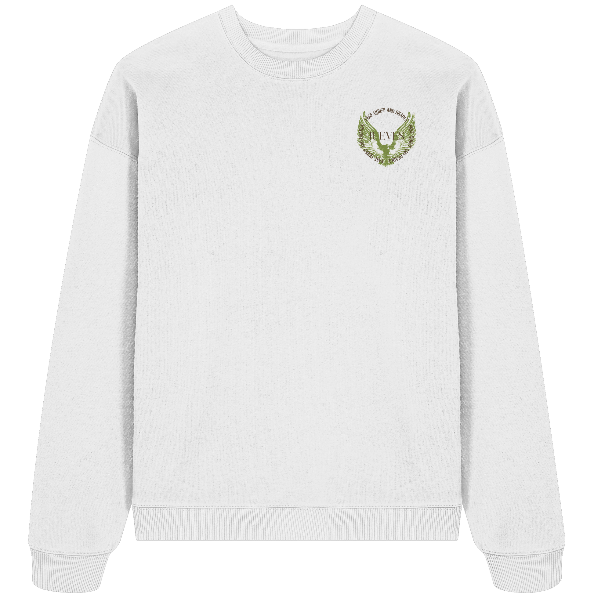 weißes Oversized Boxcut Sweatshirt von Jueves Apparel mit Brustdruck – nachhaltige Streetwear aus 100 % Bio-Baumwolle