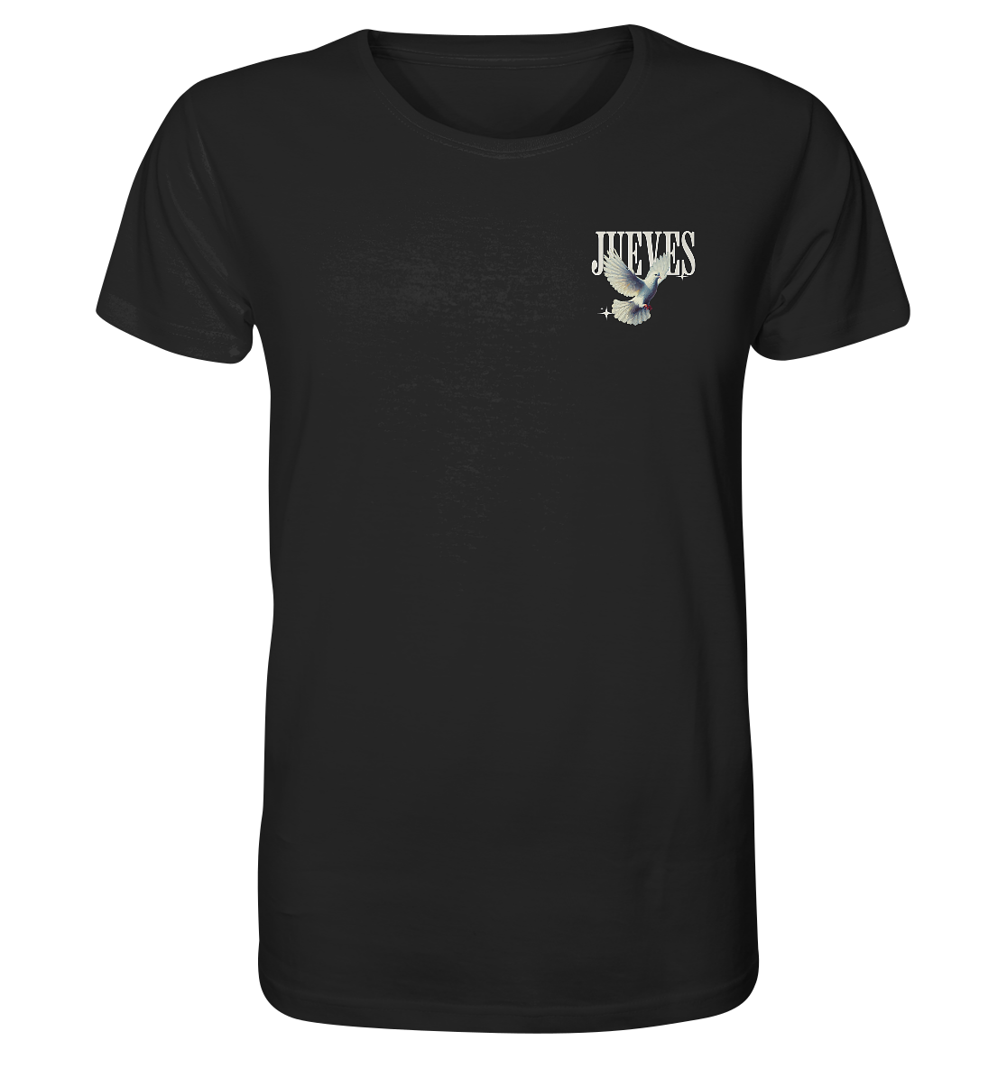 schwarzes Classic t-shirt von Jueves Apparel mit kleinem Brustdruck im klassischen Schnitt – nachhaltiger