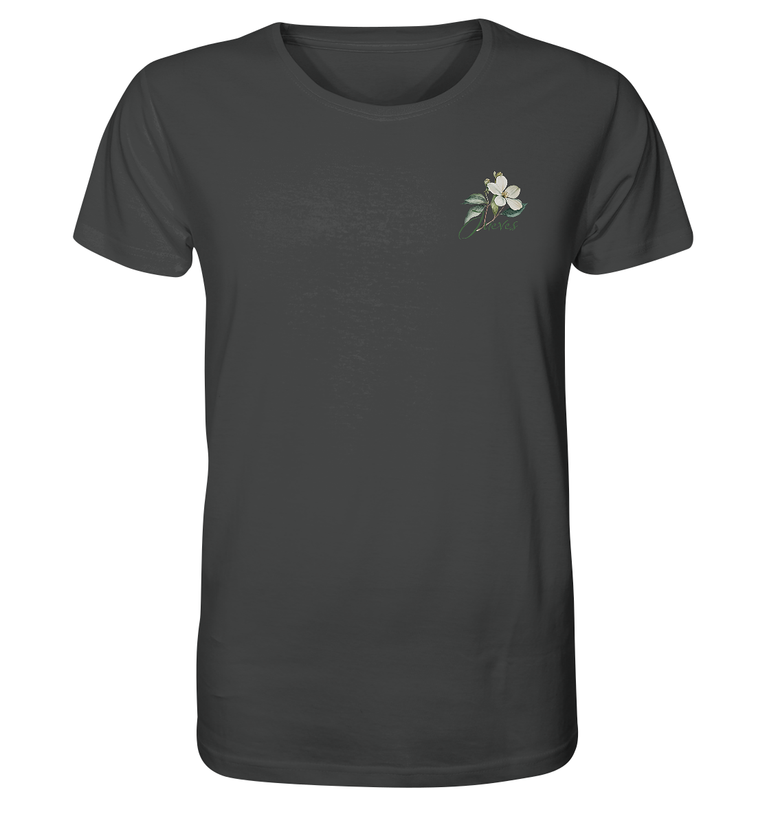 anthrazites Classic t-shirt von Jueves Apparel mit kleinem Brustdruck im klassischen Schnitt – nachhaltiger