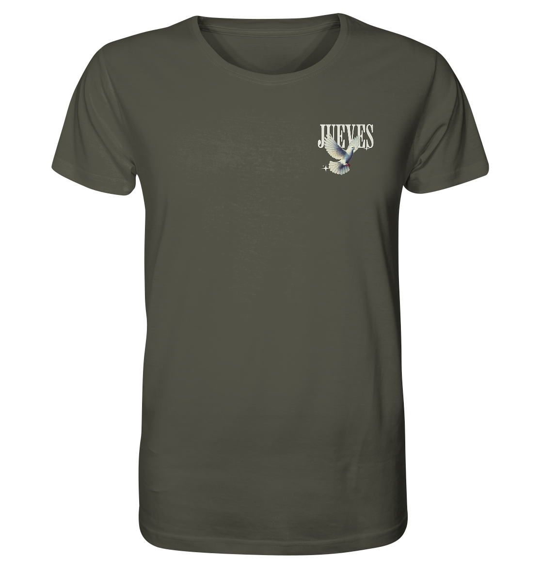 khaki Classic T-Shirt von Jueves Apparel mit kleinem Brustdruck im klassischen Schnitt – nachhaltiger