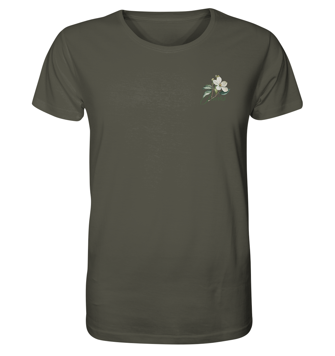 khaki Classic t-shirt von Jueves Apparel mit kleinem Brustdruck im klassischen Schnitt – nachhaltiger