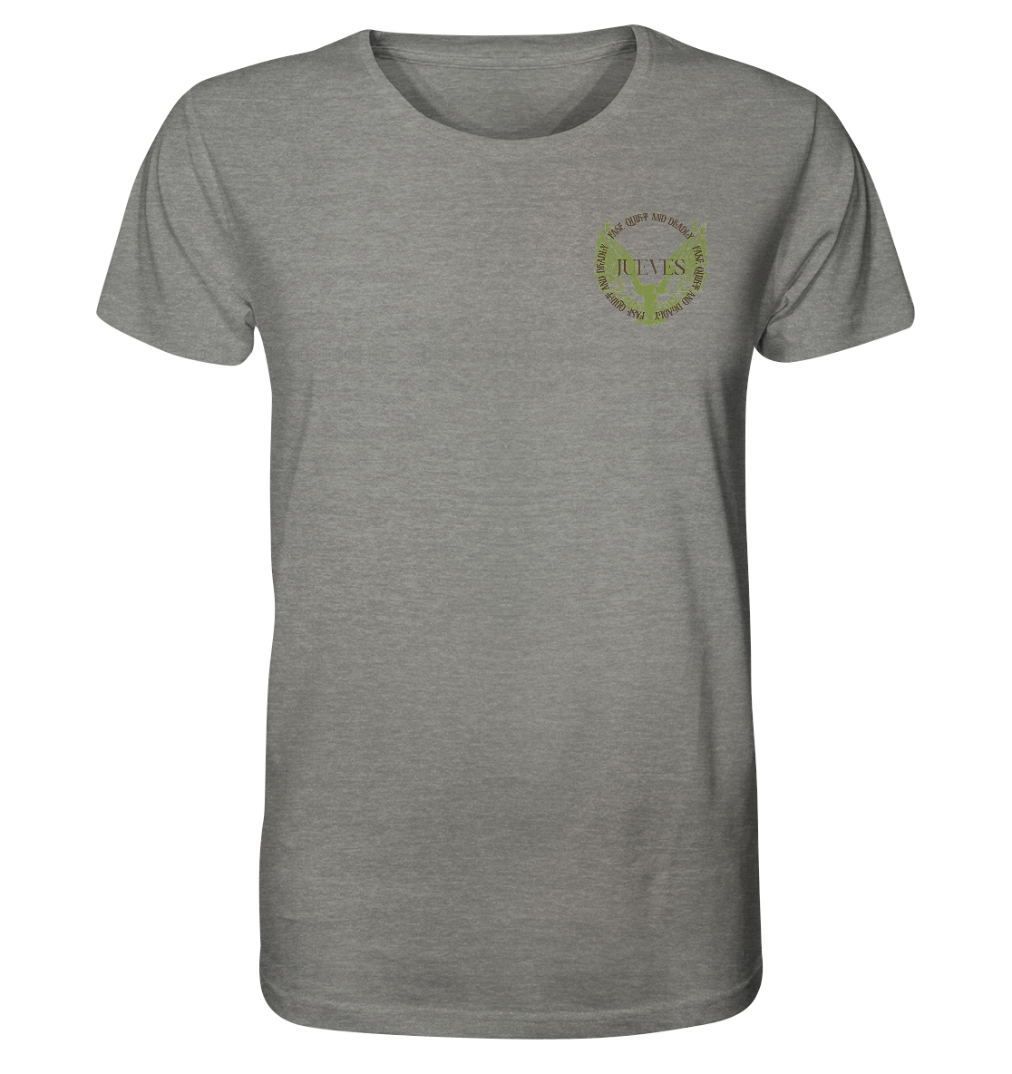 graues Classic T-Shirt von Jueves Apparel mit kleinem Brustdruck im klassischen Schnitt – nachhaltiger