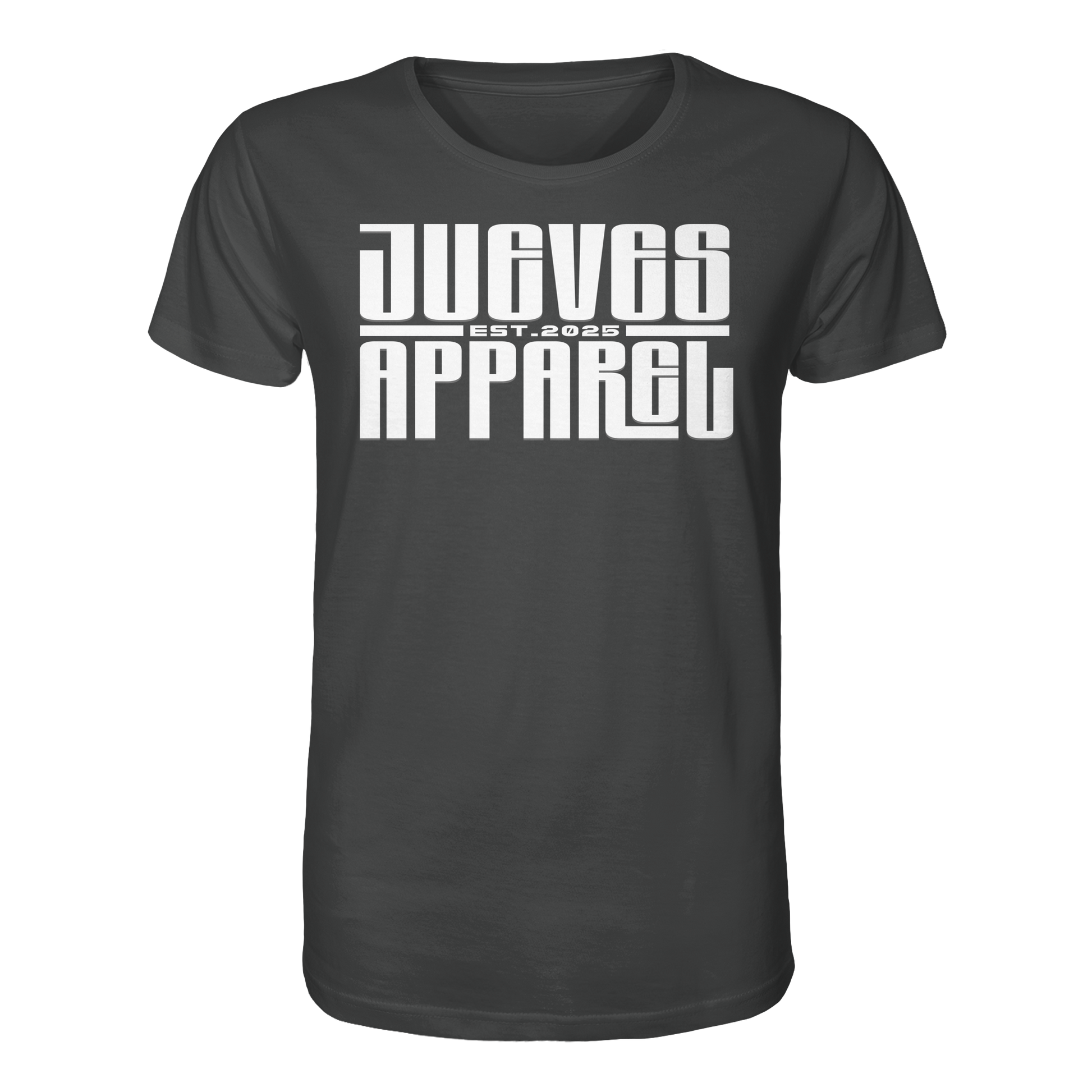 anthrazites Classic t-shirt von Jueves Apparel mit Brustdruck im klassischen Schnitt – nachhaltiger