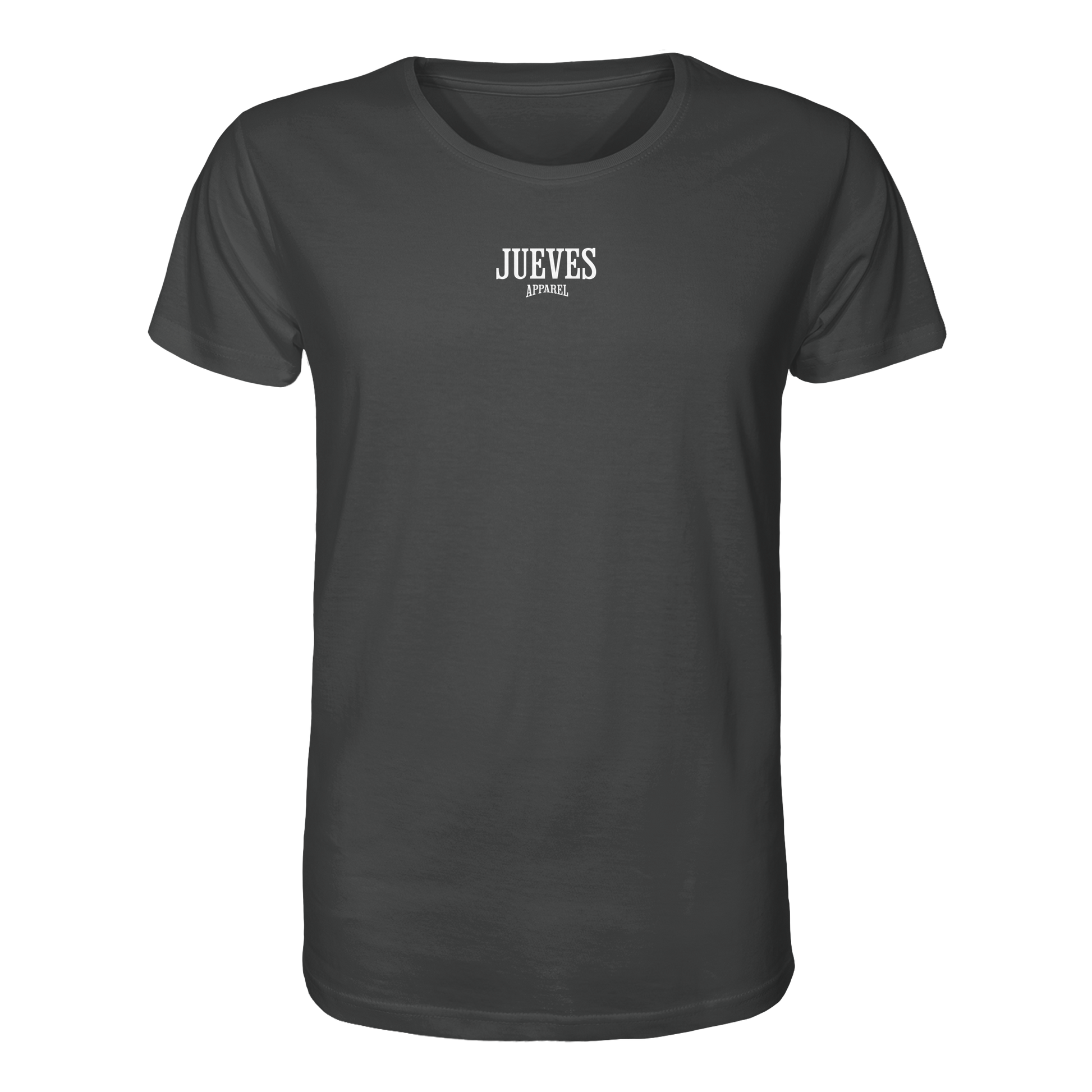 anthrazites Classic t-shirt von Jueves Apparel mit Brustdruck im klassischen Schnitt – nachhaltiger