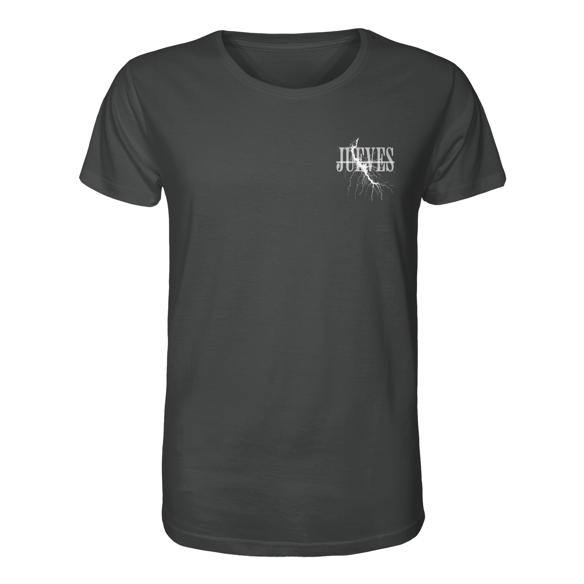 anthrazites Classic T-Shirt von Jueves Apparel mit kleinem Brustdruck im klassischen Schnitt – nachhaltiger