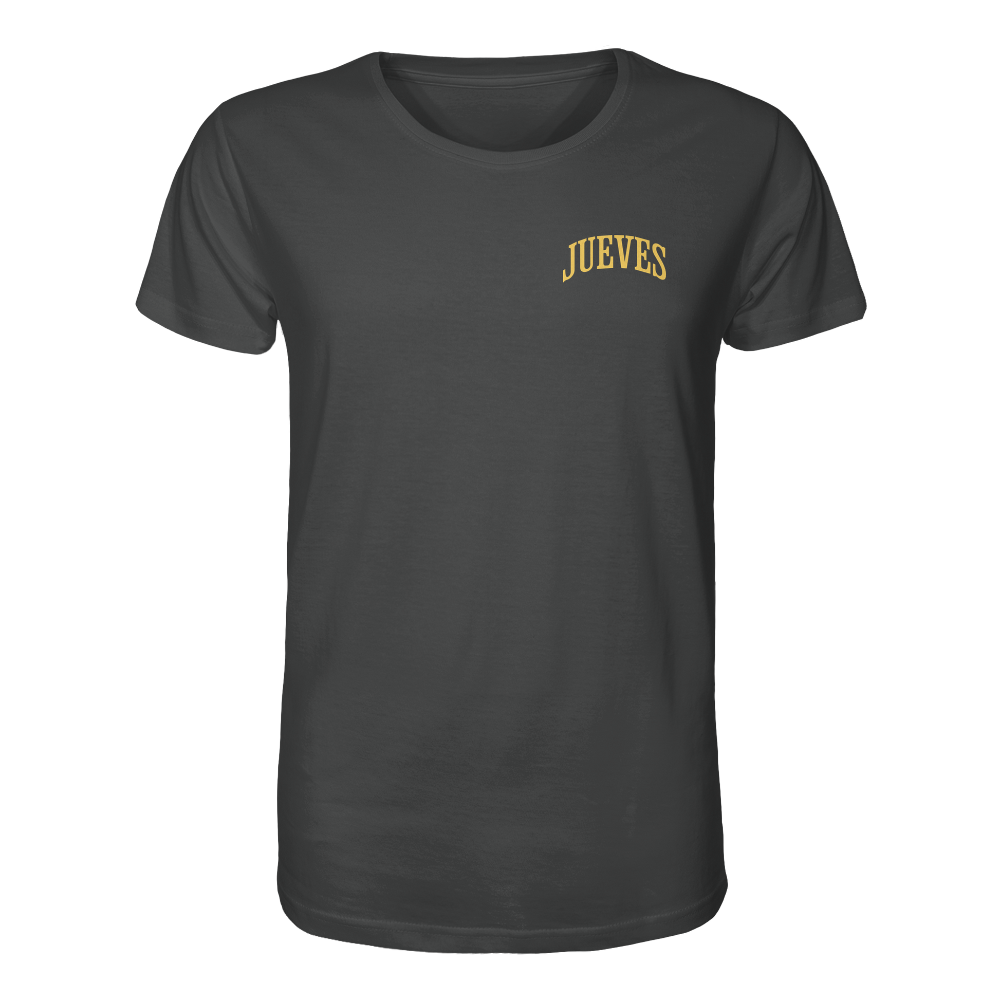 anthrazites Classic t-shirt von Jueves Apparel mit kleinem Brustdruck im klassischen Schnitt – nachhaltiger