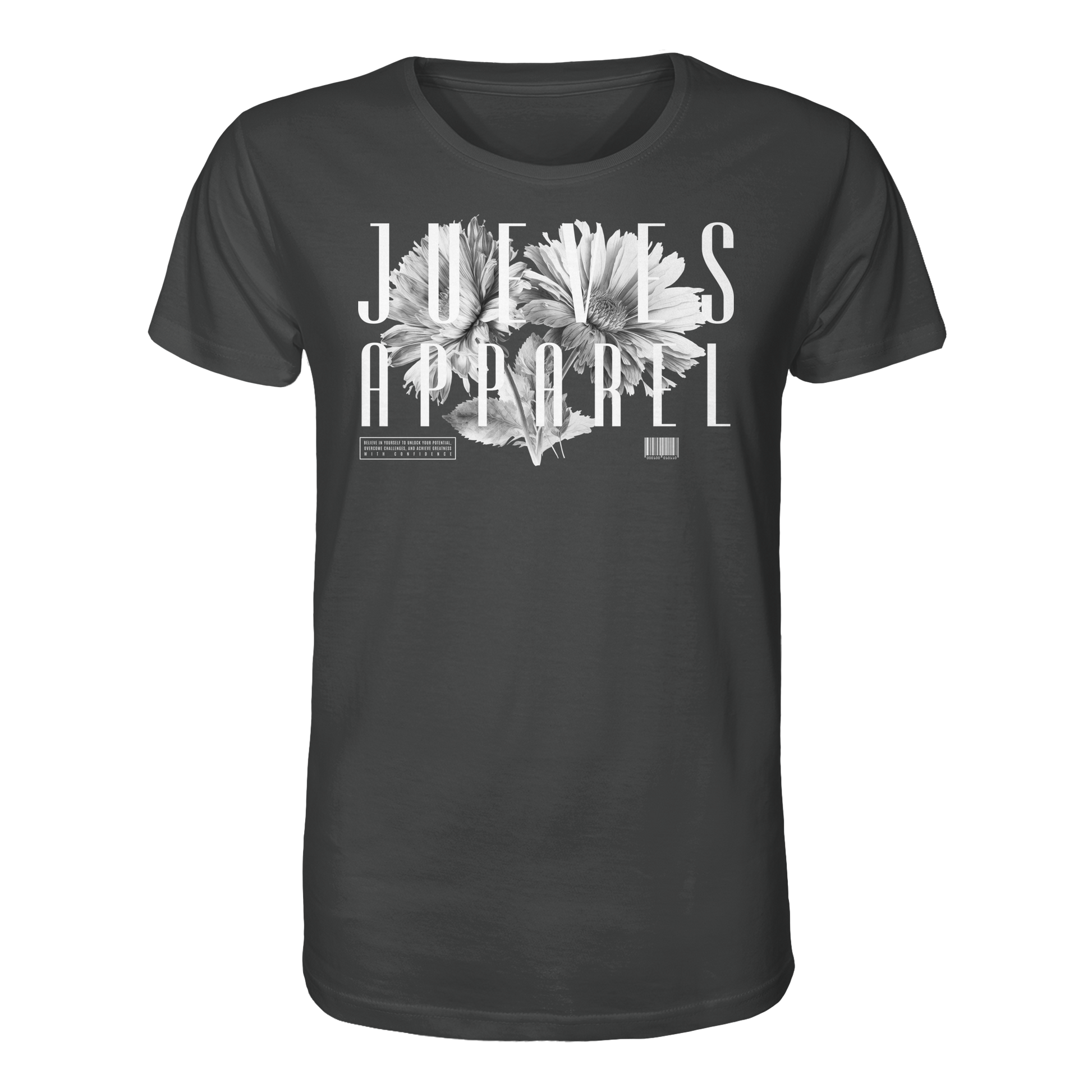 anthrazites Classic t-shirt von Jueves Apparel mit Brustdruck im klassischen Schnitt – nachhaltiger