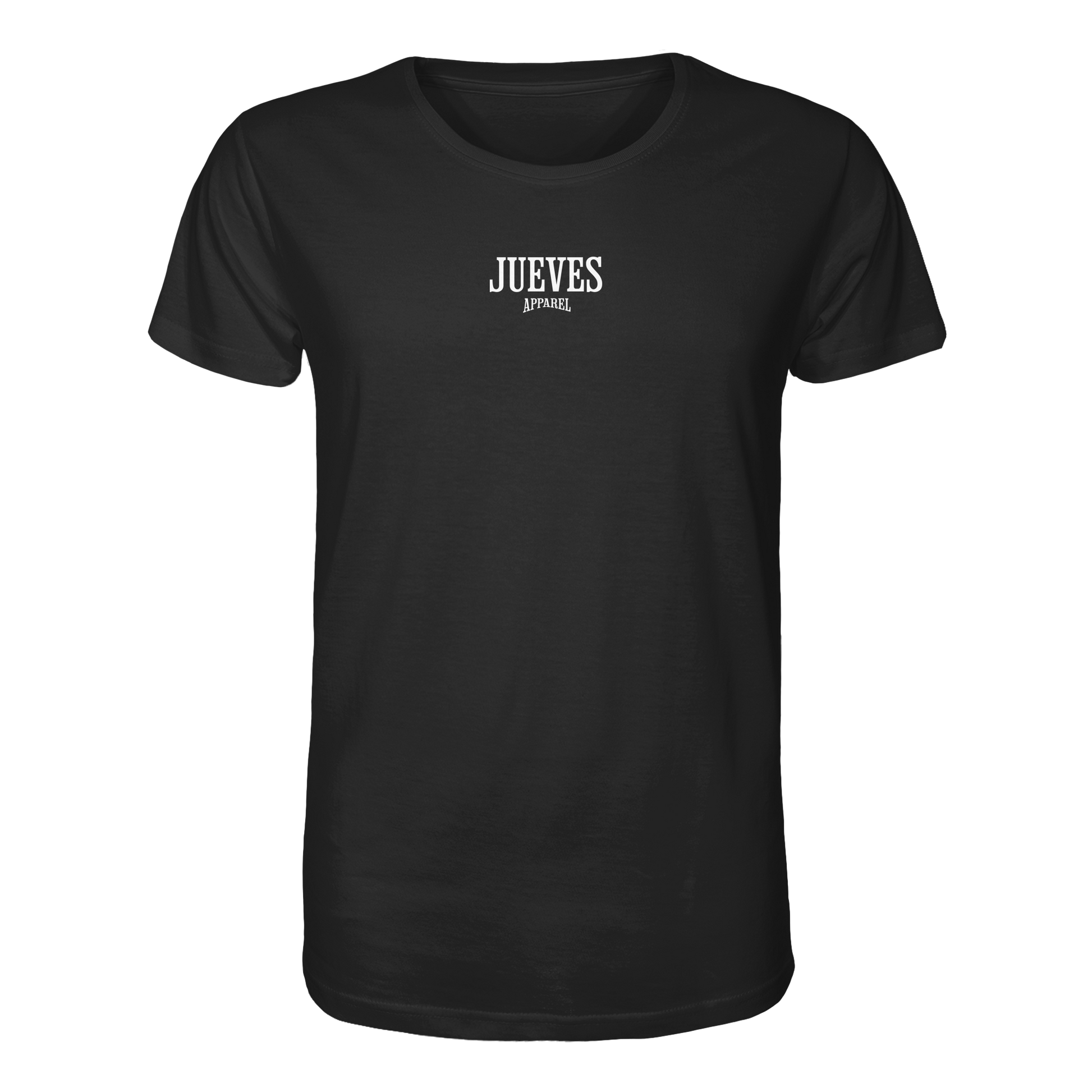 schwarzes Classic t-shirt von Jueves Apparel mit kleinem Brustdruck im klassischen Schnitt – nachhaltiger