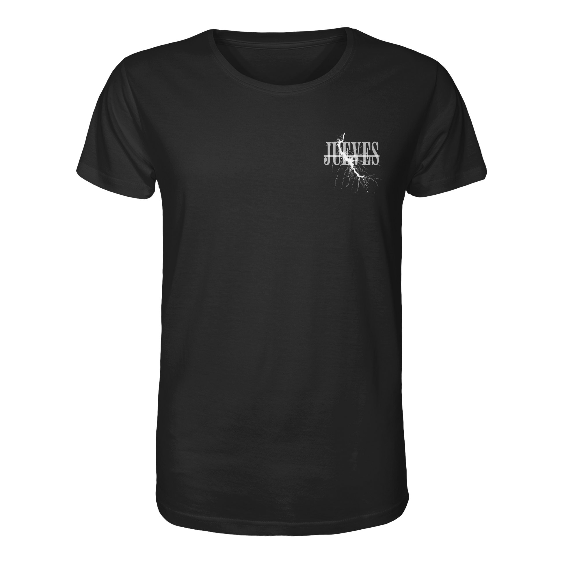 schwarzes Classic t-shirt von Jueves Apparel mit Brustdruck im klassischen Schnitt – nachhaltiger