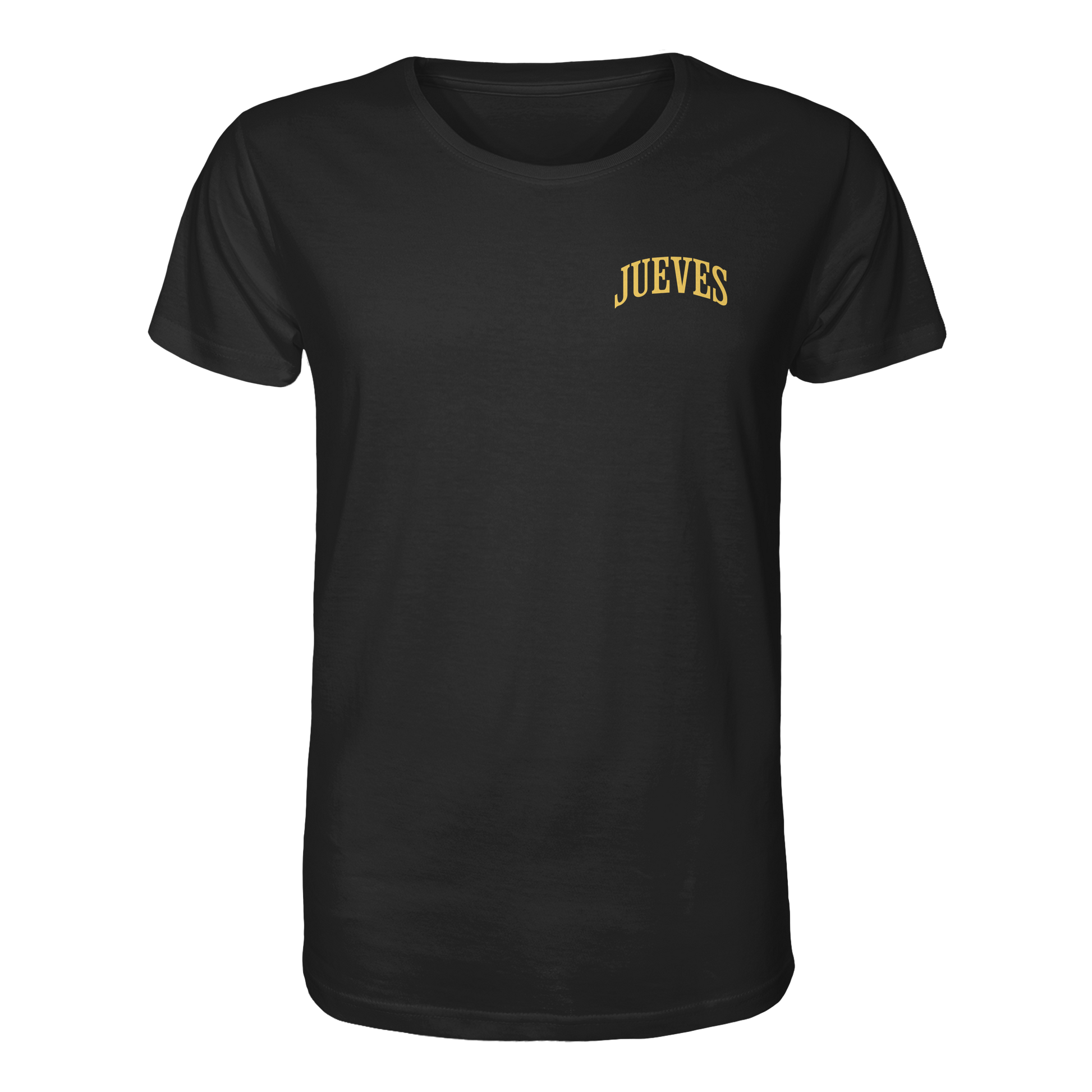 schwarzes Classic T-Shirt von Jueves Apparel mit kleinem Brustdruck im klassischen Schnitt – nachhaltiger