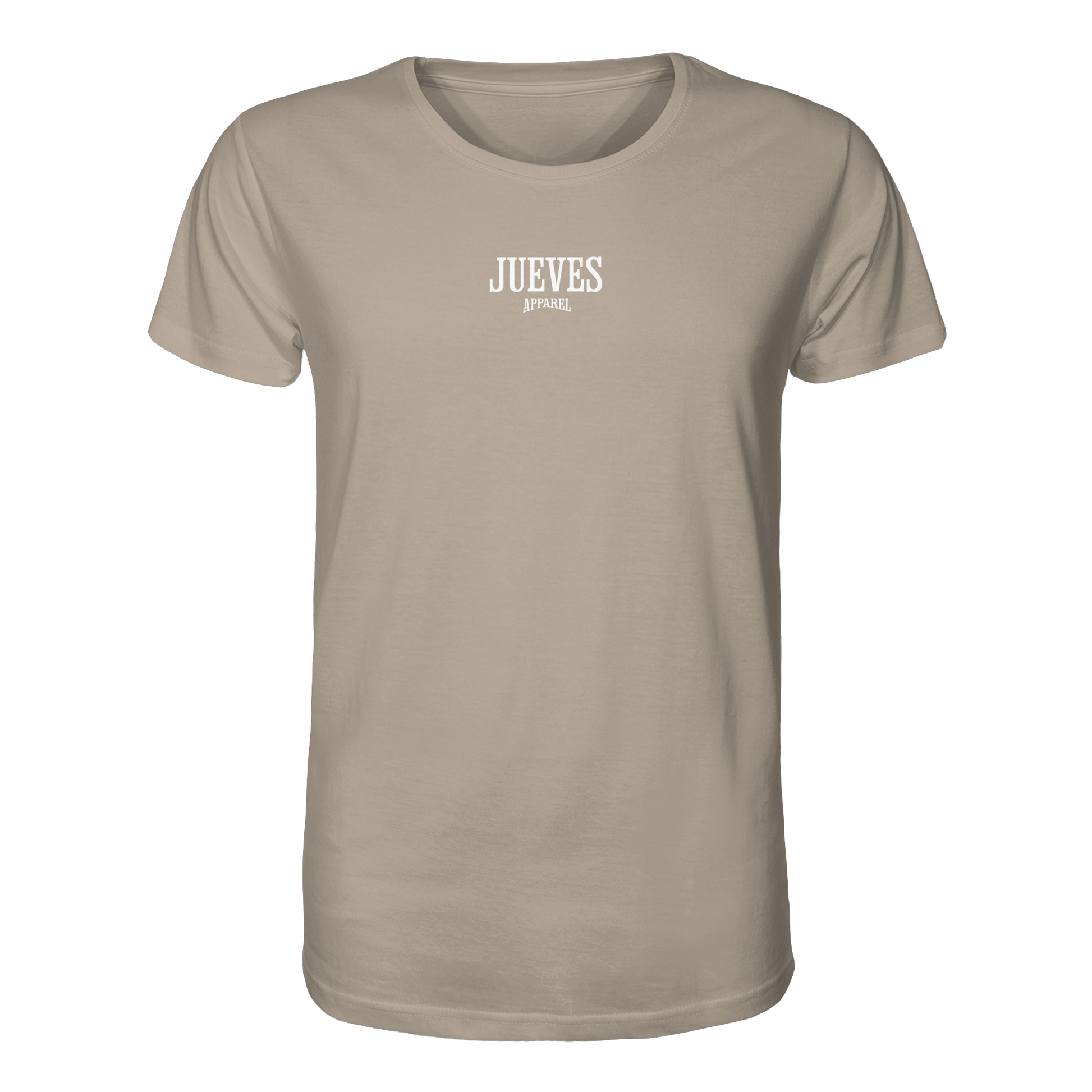 beiges Classic T-Shirt von Jueves Apparel mit kleinem Brustdruck im klassischen Schnitt – nachhaltiger