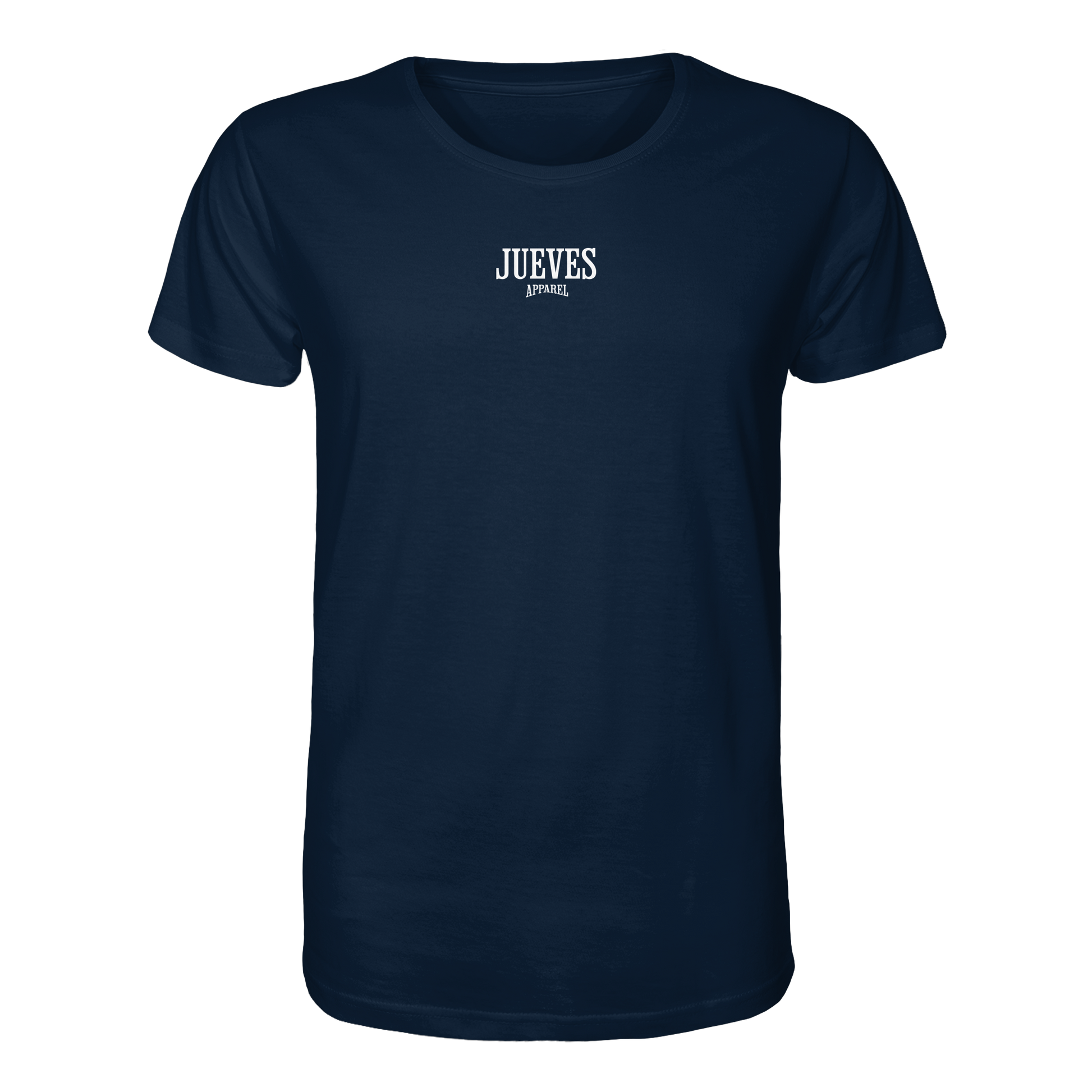 blaues Classic t-shirt von Jueves Apparel mit Brustdruck im klassischen Schnitt – nachhaltiger