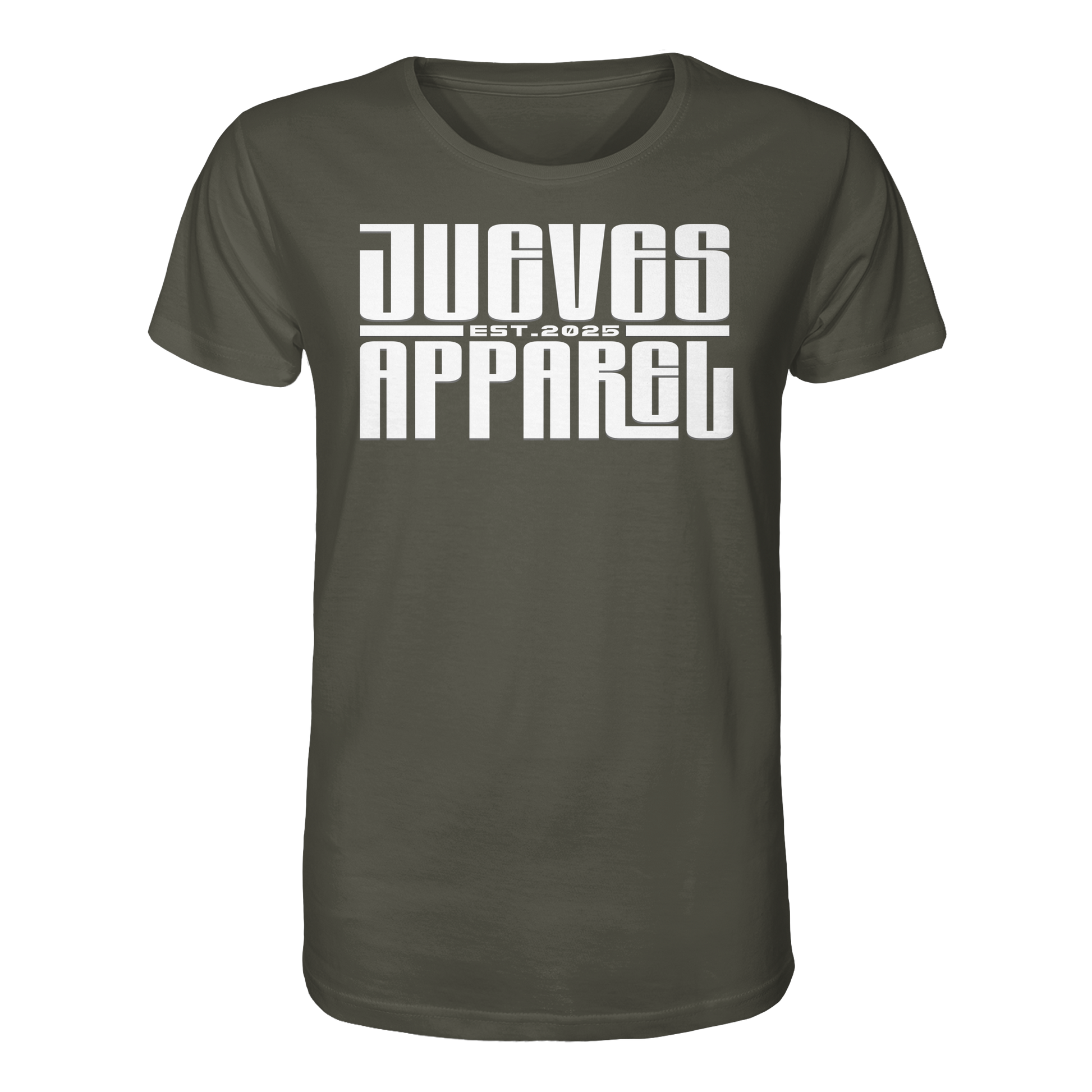 khaki Classic t-shirt von Jueves Apparel mit Brustdruck im klassischen Schnitt – nachhaltiger