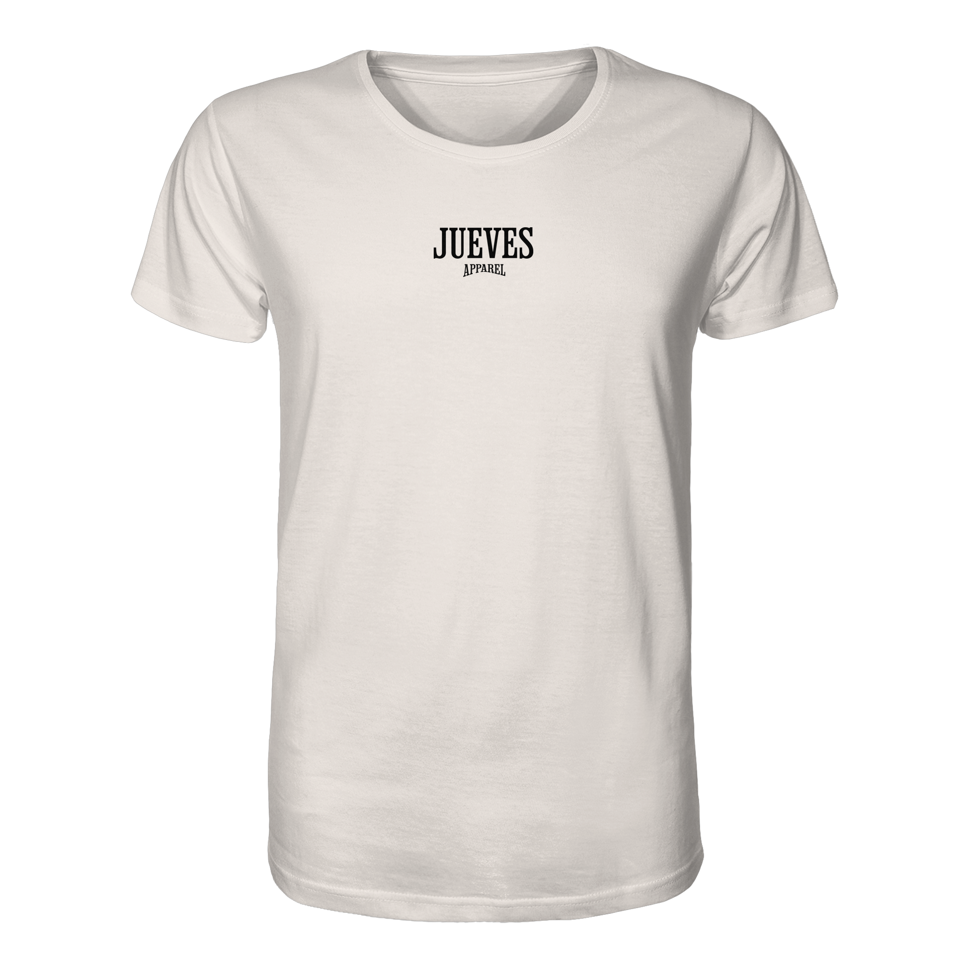 weißes Classic T-Shirt von Jueves Apparel mit kleinem Brustdruck im klassischen Schnitt – nachhaltiger