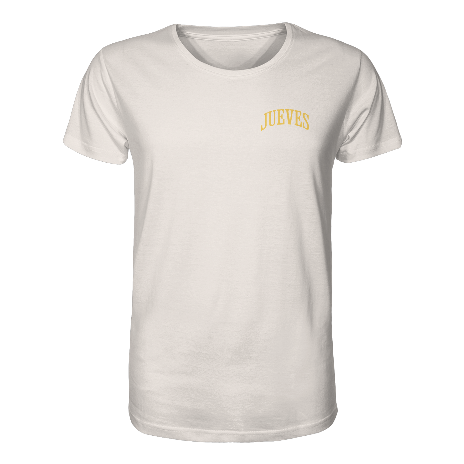 weißes Classic t-shirt von Jueves Apparel mit kleinem Brustdruck im klassischen Schnitt – nachhaltiger