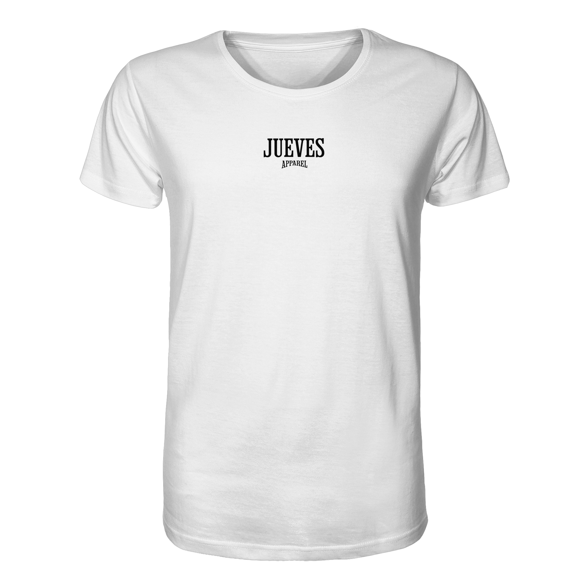 weißes Classic t-shirt von Jueves Apparel mit kleinem Brustdruck im klassischen Schnitt – nachhaltiger