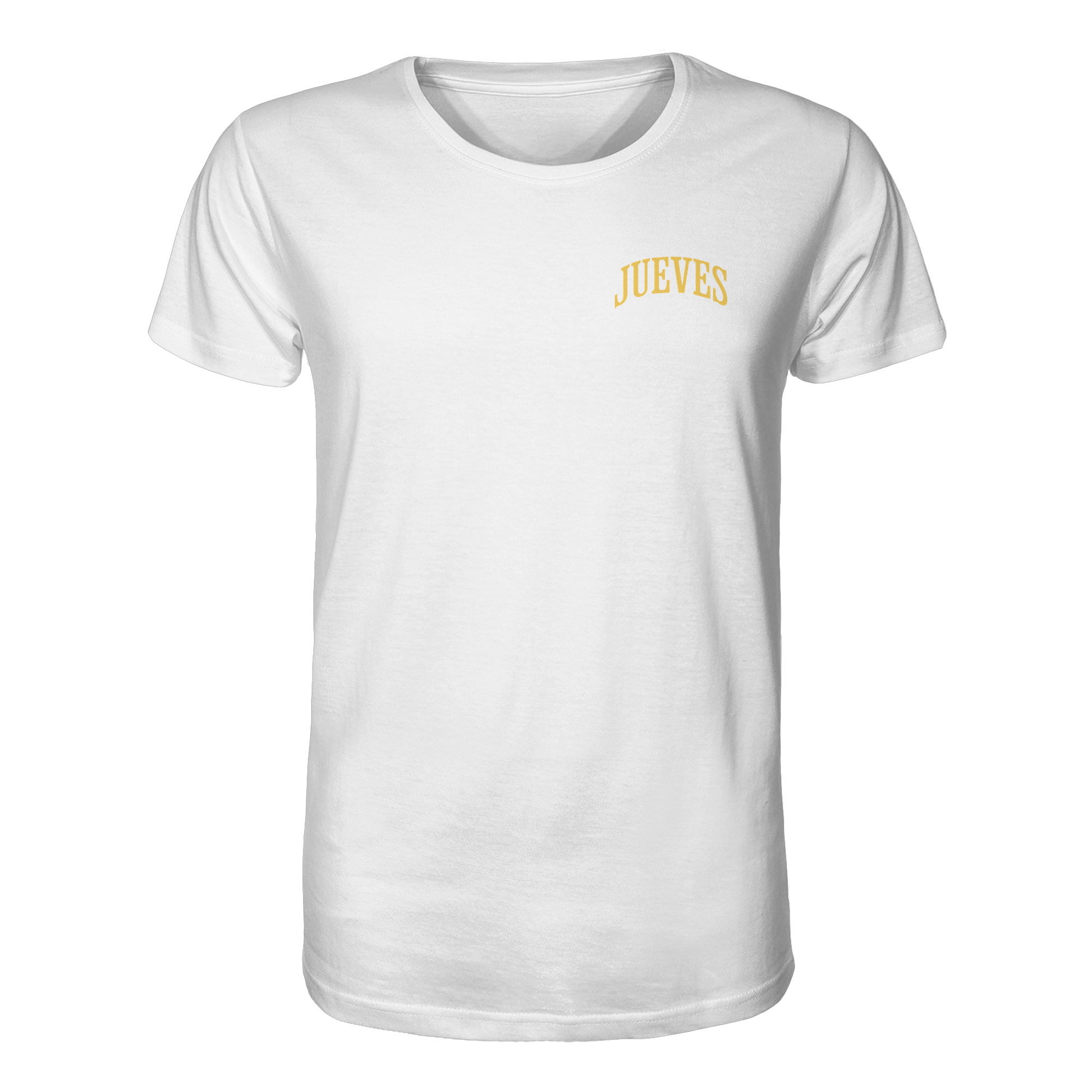 weißes Classic t-shirt von Jueves Apparel mit kleinem Brustdruck im klassischen Schnitt – nachhaltiger