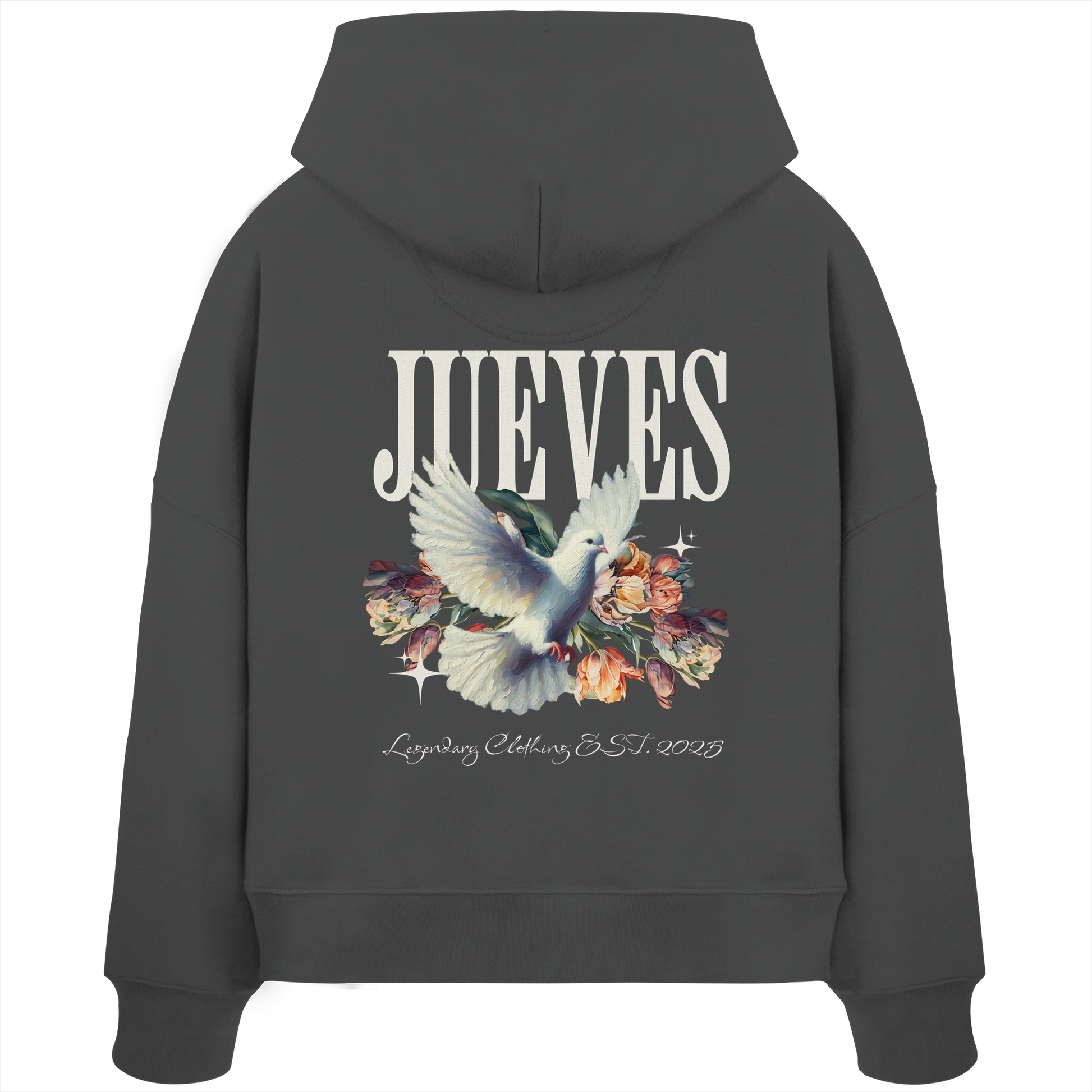 Rückansicht eines anthraziten Oversized Boxcut Hoodies von Jueves Apparel aus 100 % Baumwolle, 300 g/m² – markanter Rückendruck und urbaner Streetwear-Look mit modernem Schnitt.