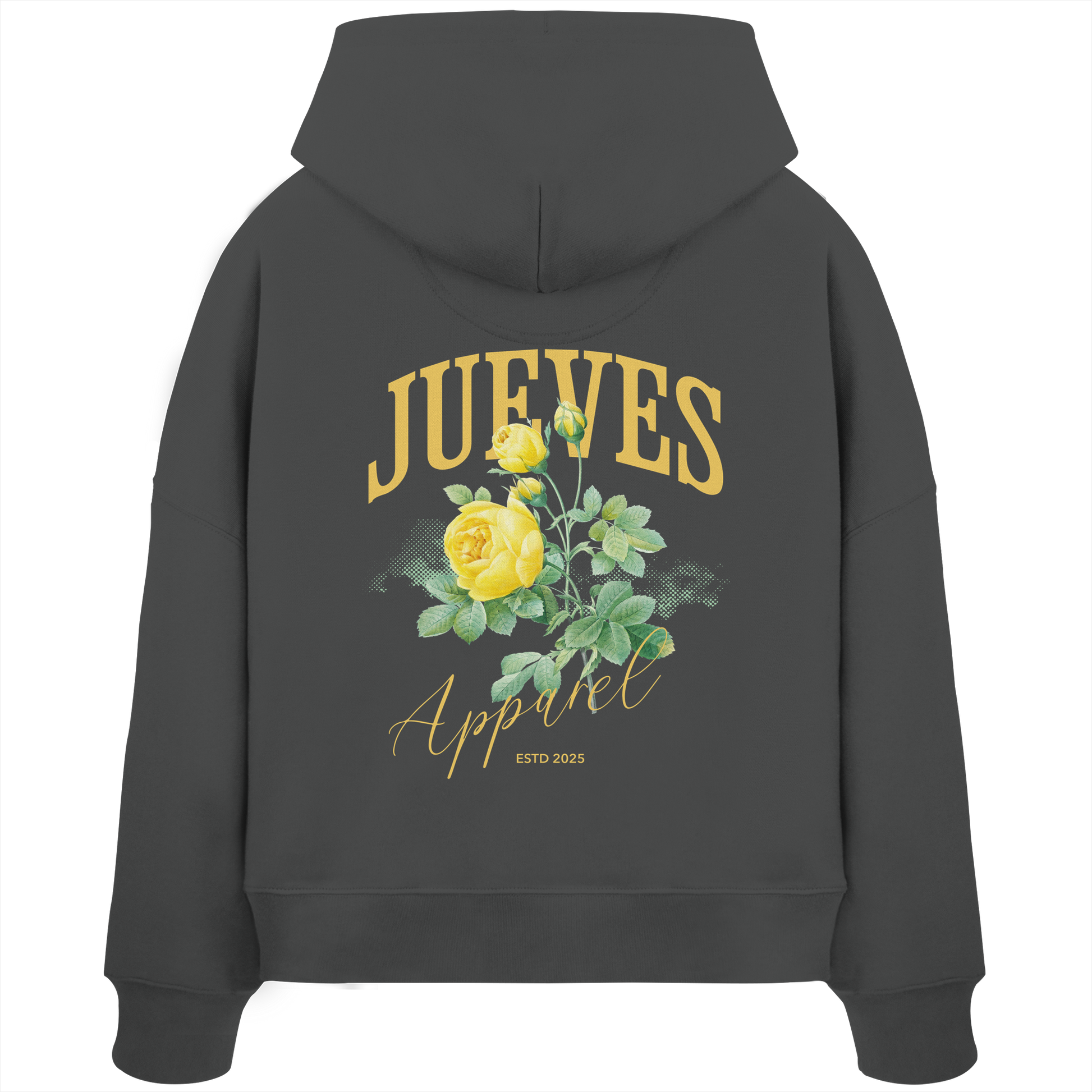 Rückansicht eines anthraziten Oversized Boxcut Hoodies von Jueves Apparel aus 100 % Baumwolle, 300 g/m² – markanter Rückendruck und urbaner Streetwear-Look mit modernem Schnitt.